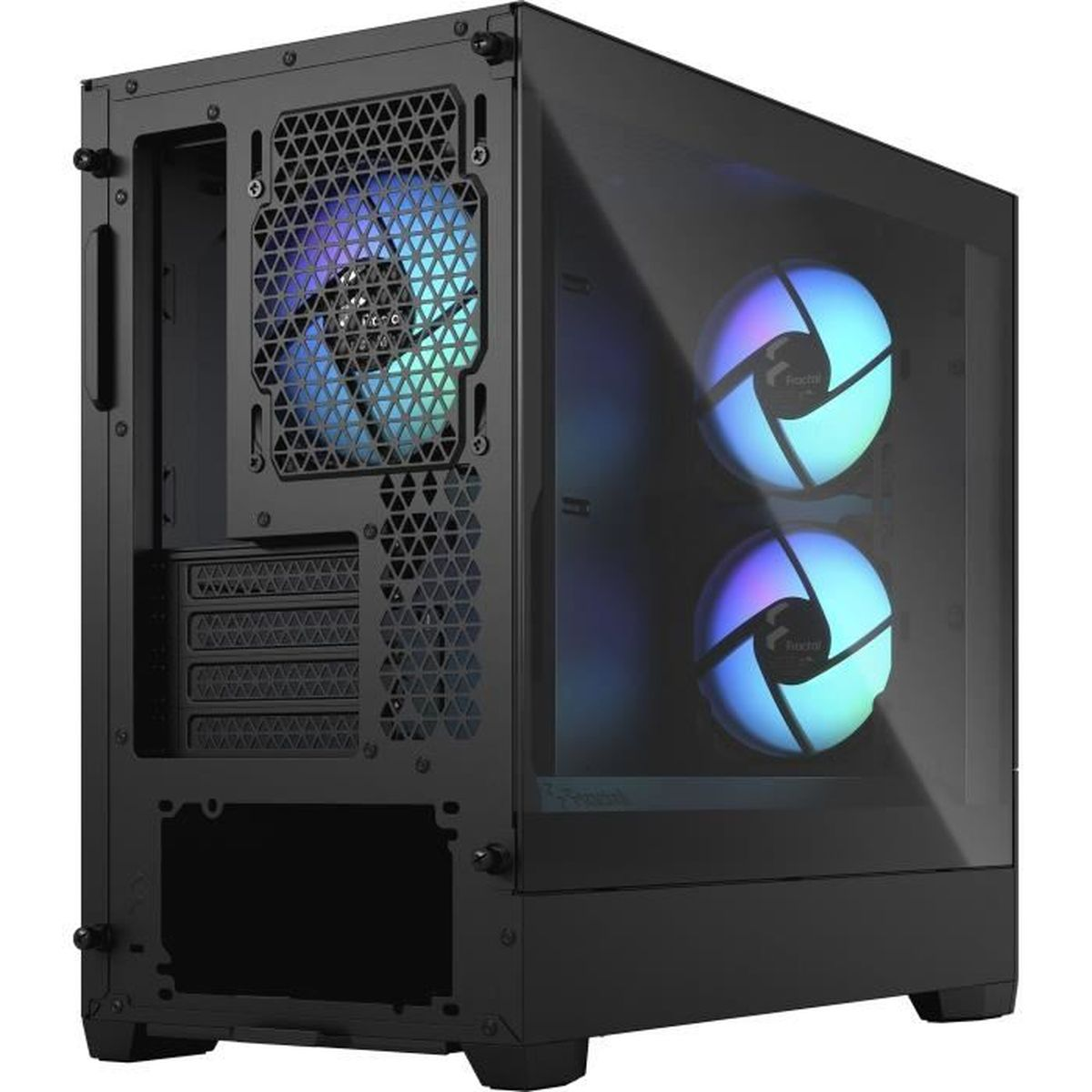 Ein schwarzes Computergehäuse mit einer Glasscheibe. Im Inneren sind Lüfter und Komponenten sichtbar.