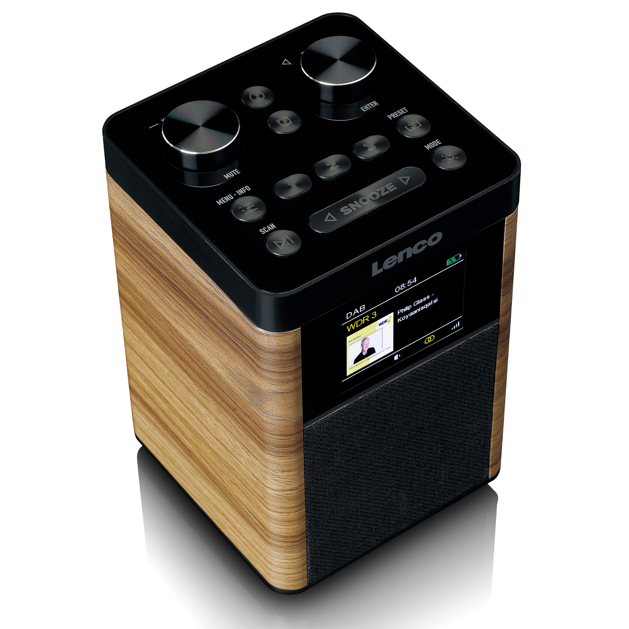 Wooden and black radio with a screen and buttons. Shows a radio station on the screen.