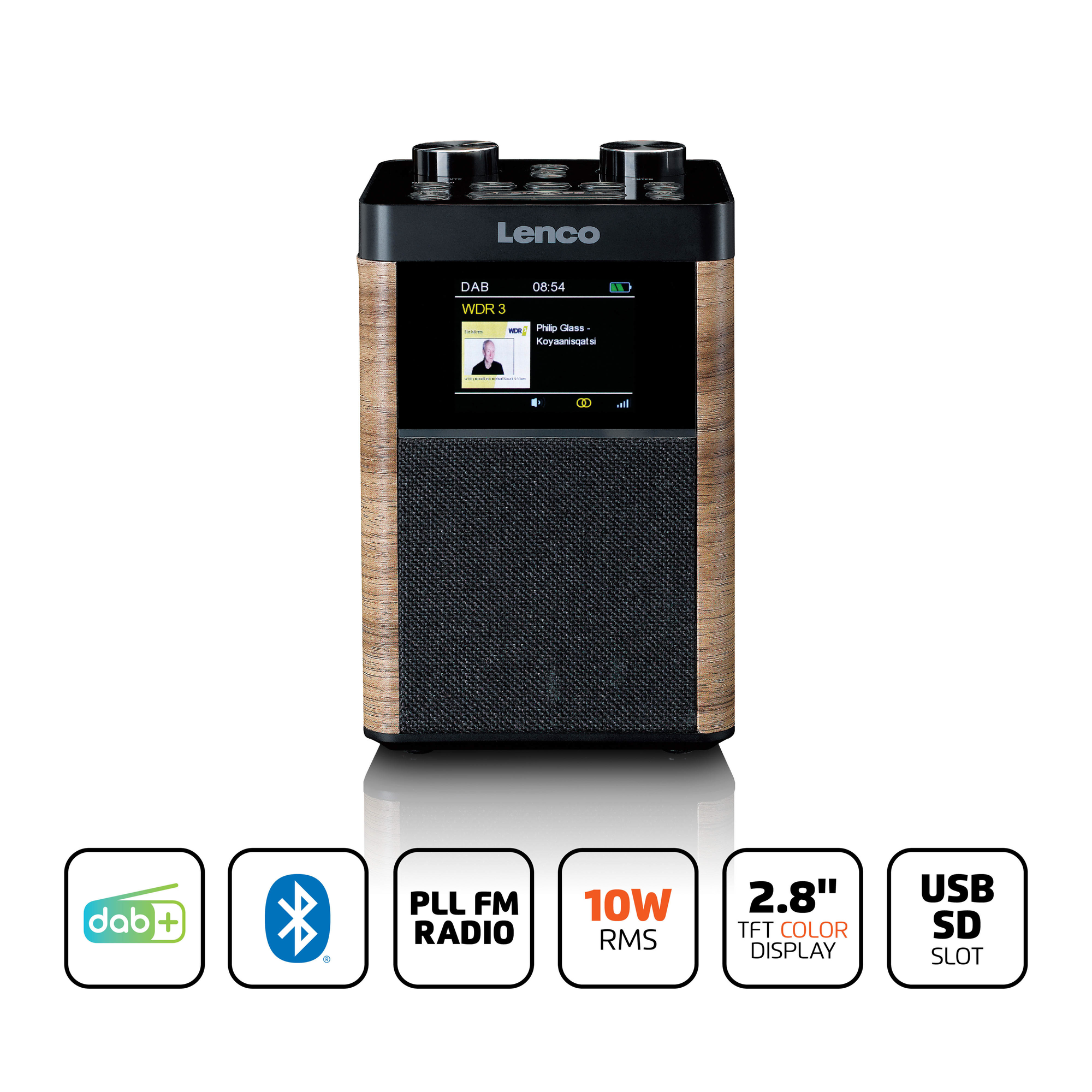 Wooden and black Lenco radio with a color display and function icons.