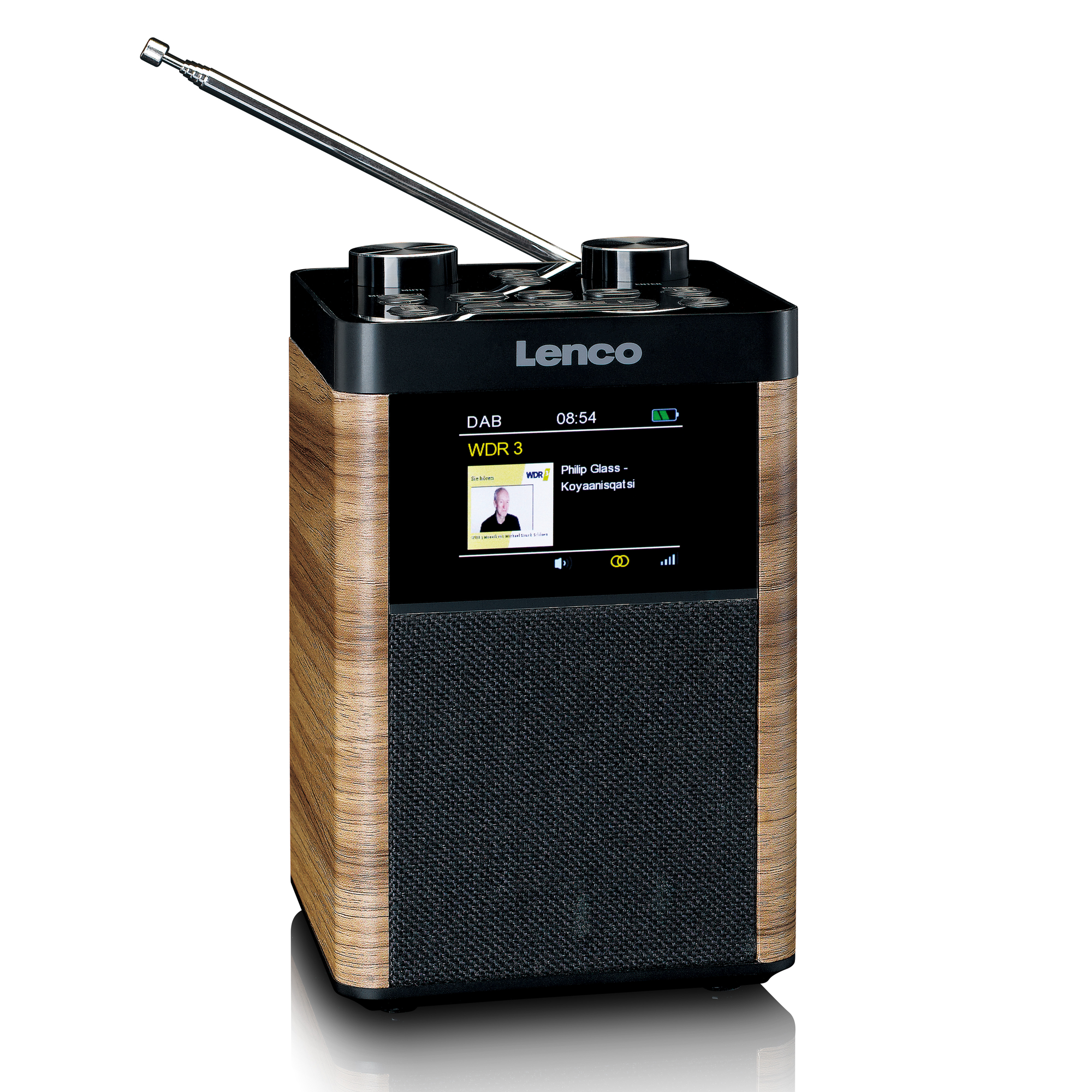 Wooden radio with black top, screen, and antenna.