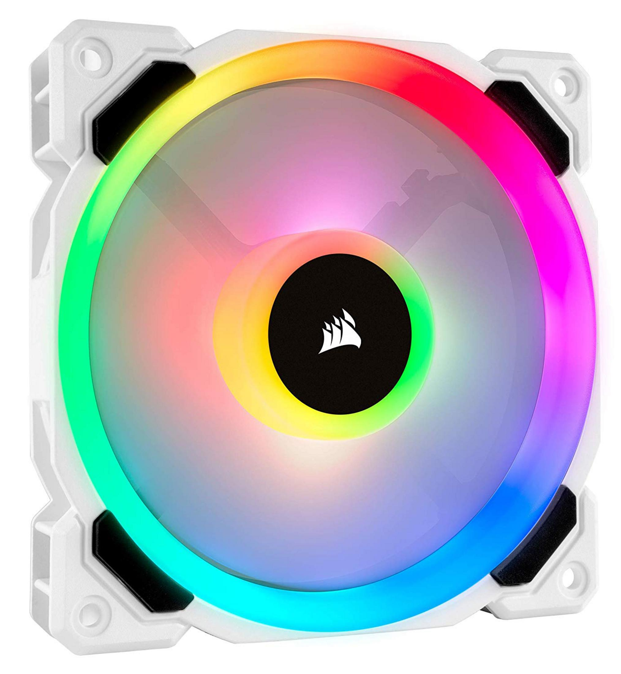 Weißer PC-Lüfter mit Regenbogen-LED-Ring. Schwarze Mitte mit Logo. Quadratischer Rahmen.