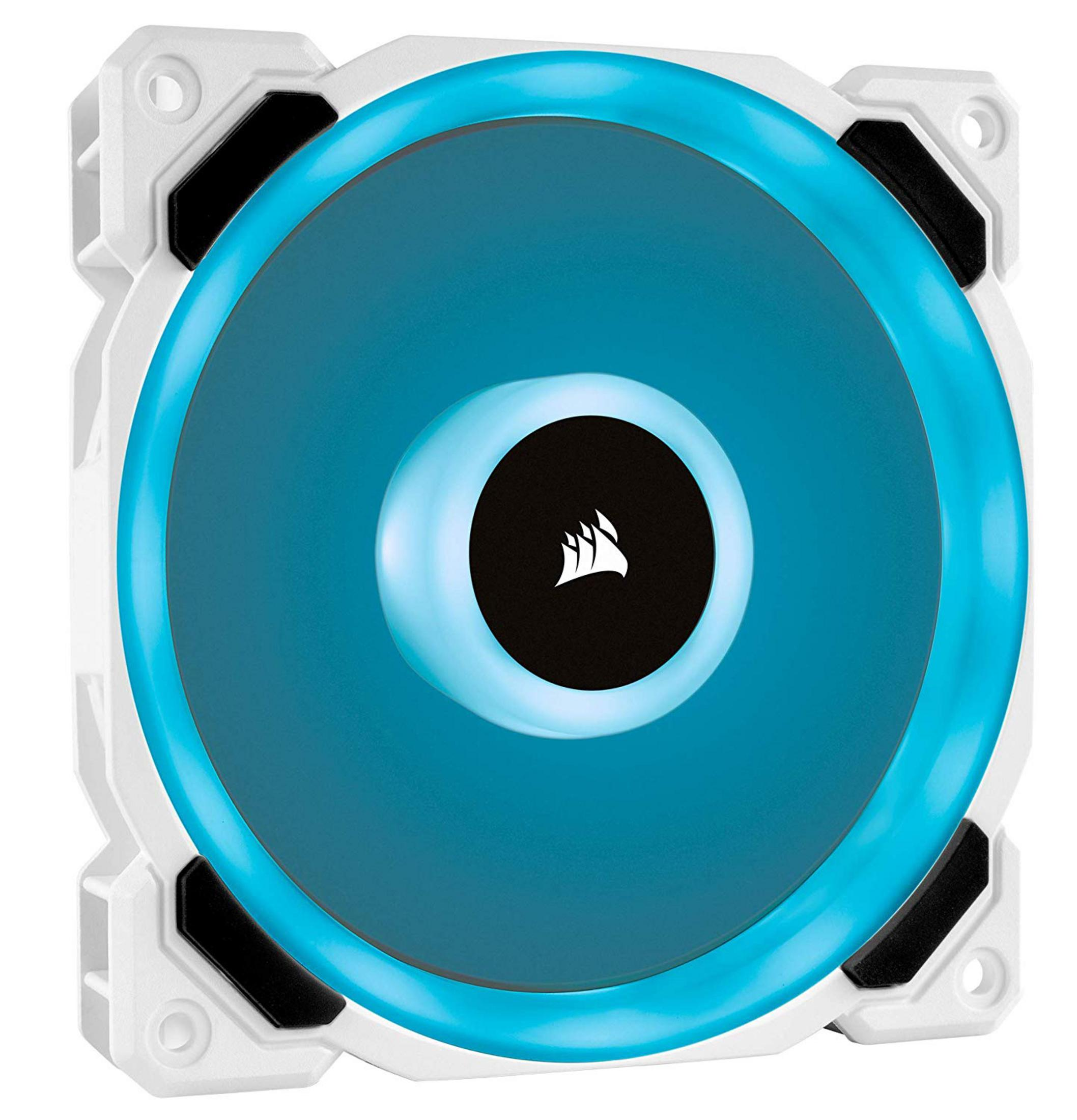 Weißer Corsair-Lüfter mit blauem LED-Ringlicht und schwarzem Zentrum.