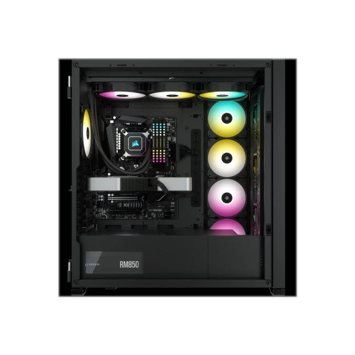 Wnętrze obudowy komputera z komponentami: CPU, wentylatory i płyta główna.