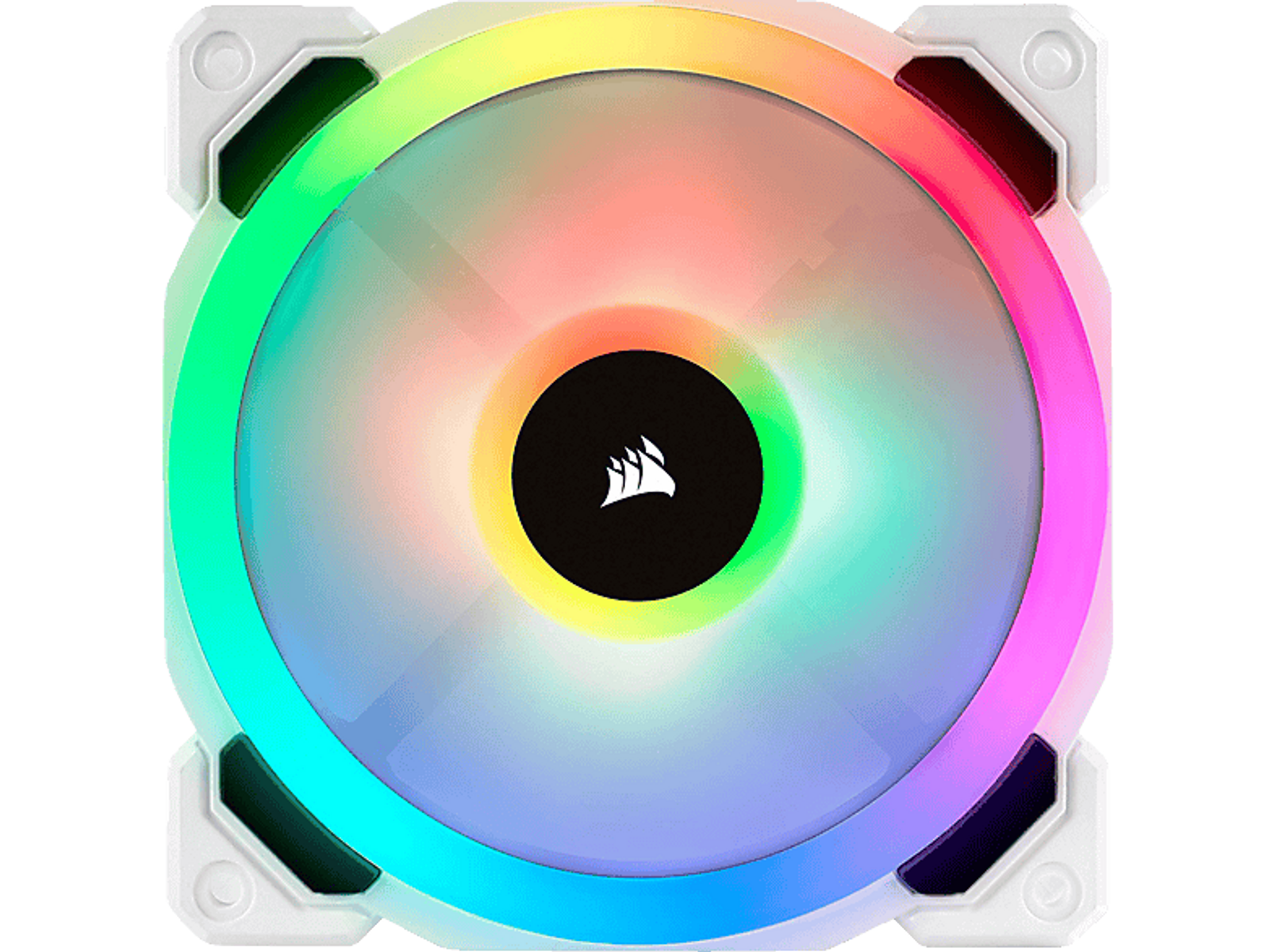 Ein Computerlüfter mit regenbogenfarbenen Lichtern auf schwarzem Grund.