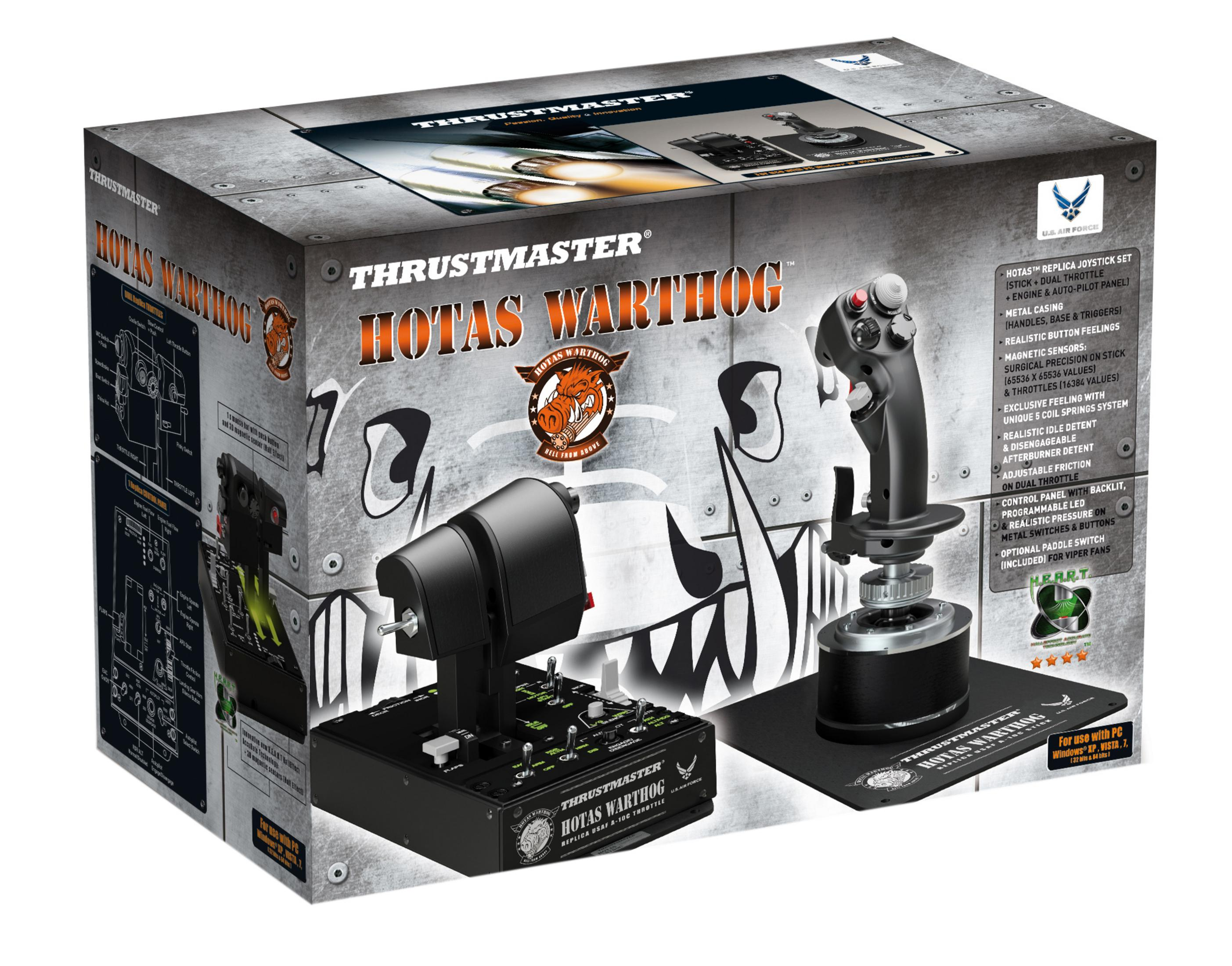 Un set scatola Thrustmaster HOTAS Warthog. Include un joystick e un acceleratore.