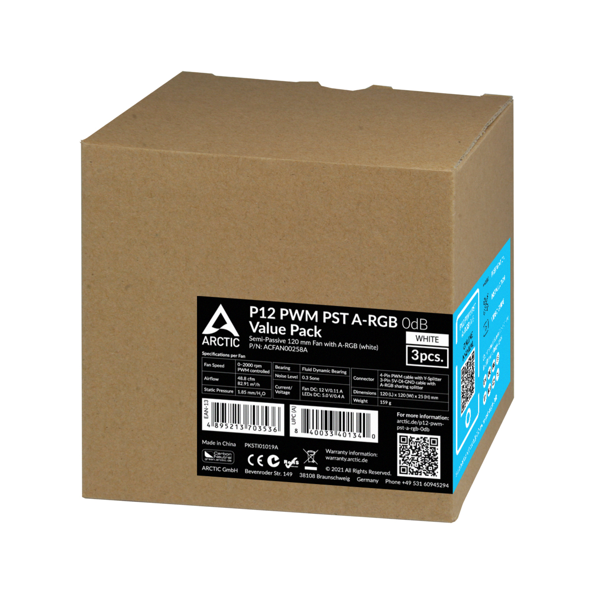 Una scatola marrone con dettagli del prodotto e un codice QR, etichettata 'P12 PWM PST A-RGB QdB'.