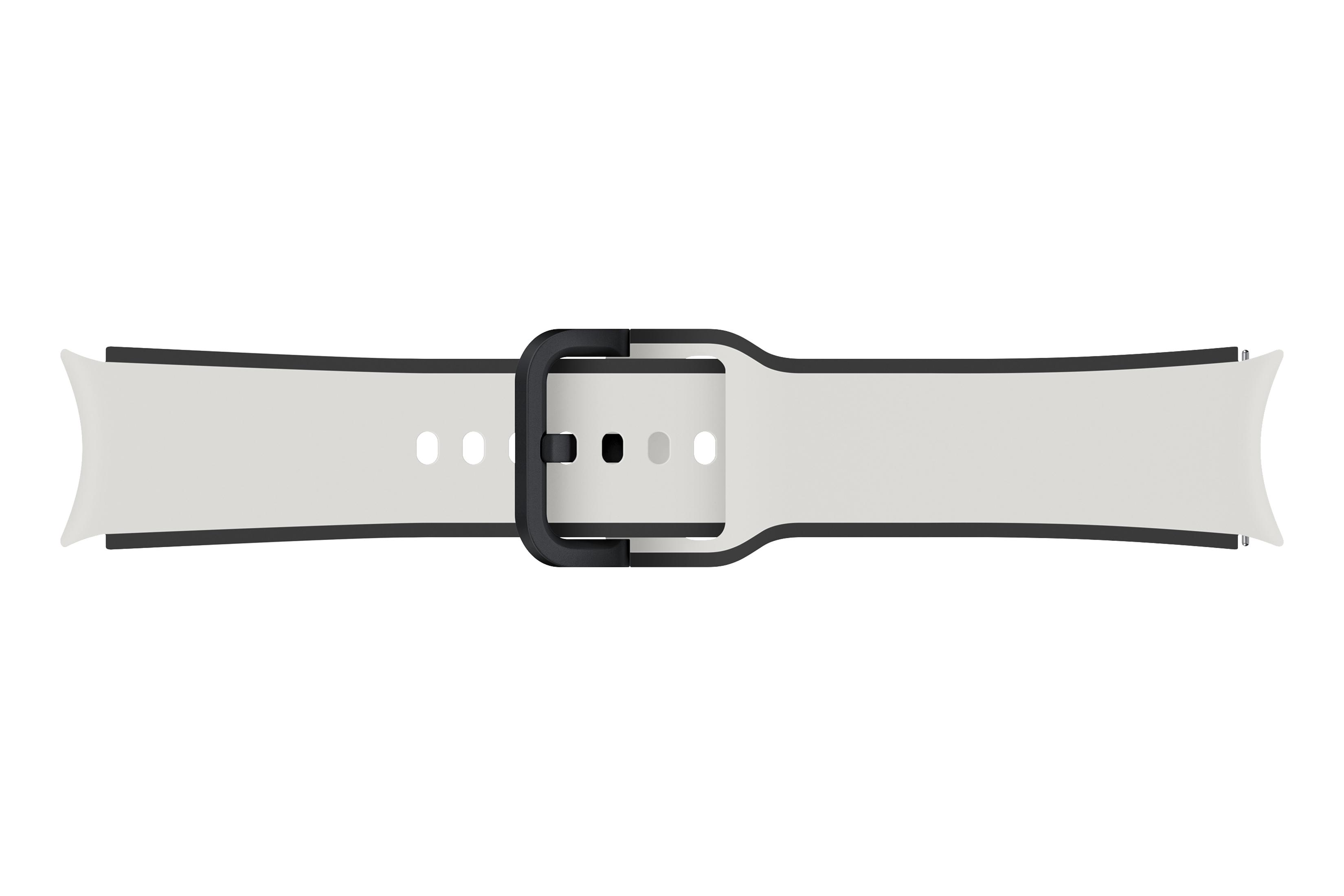 Ein weißes Uhrenarmband mit schwarzer Schnalle und schwarzen Kanten. Das Band hat Löcher zur Größenanpassung.