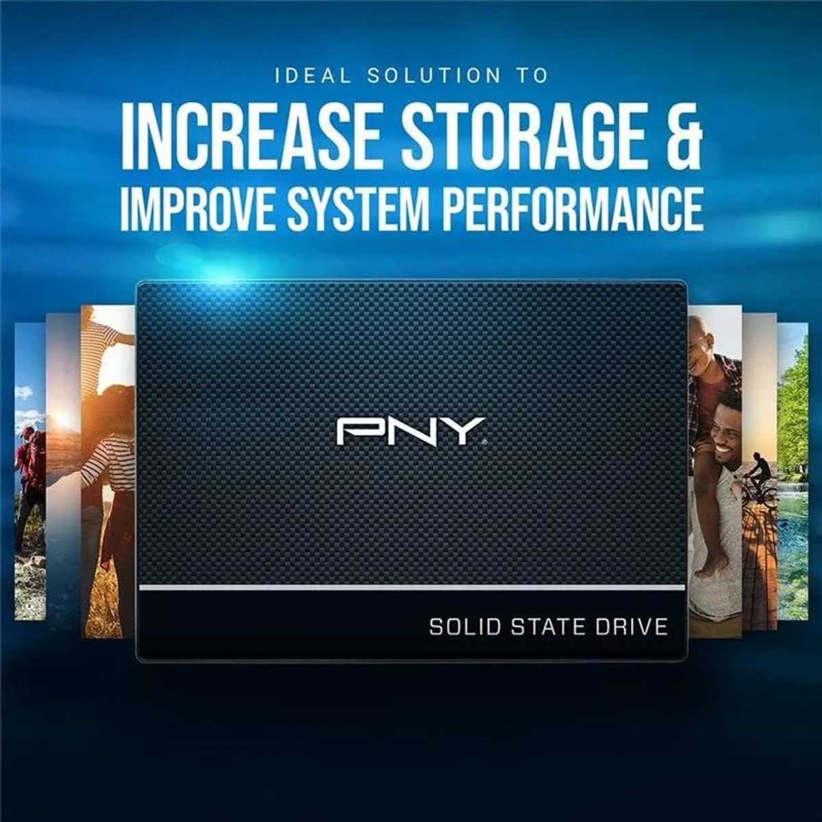 Dysk SSD z tekstem "PNY" i "SOLID STATE DRIVE". Tło: zdjęcia ludzi.