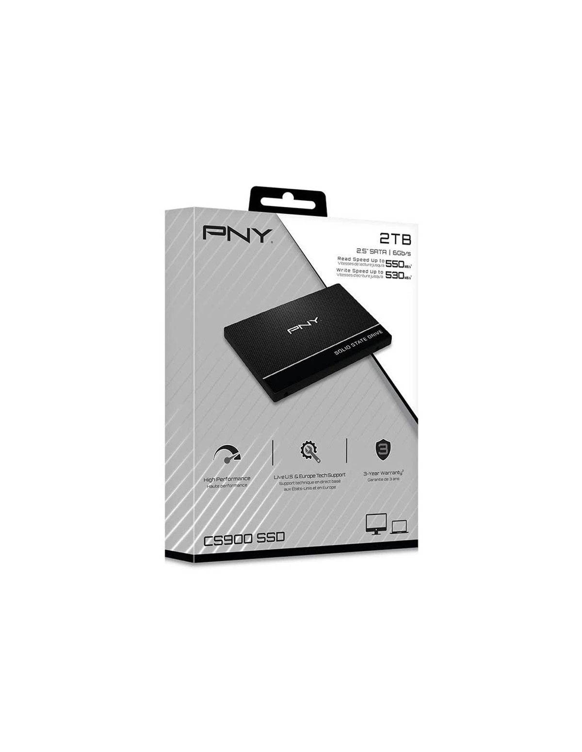 Pudełko PNY 2TB SSD, widoczny czarny SSD, ze szczegółami wydajności i gwarancji.