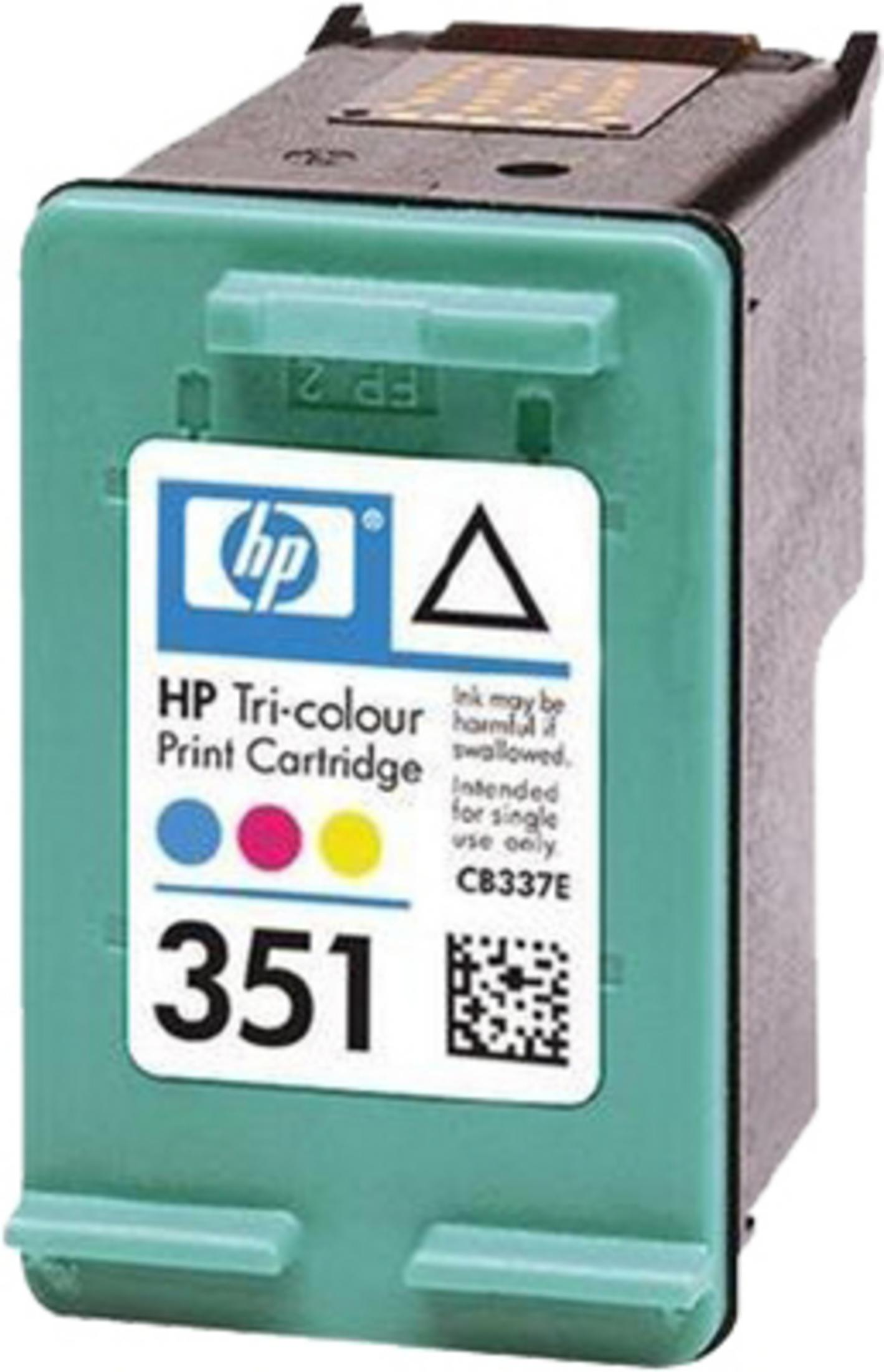Eine HP Tri-Colour-Druckpatrone mit blauer, magenta- und gelber Tinte. Sie ist grün mit schwarzem Deckel.