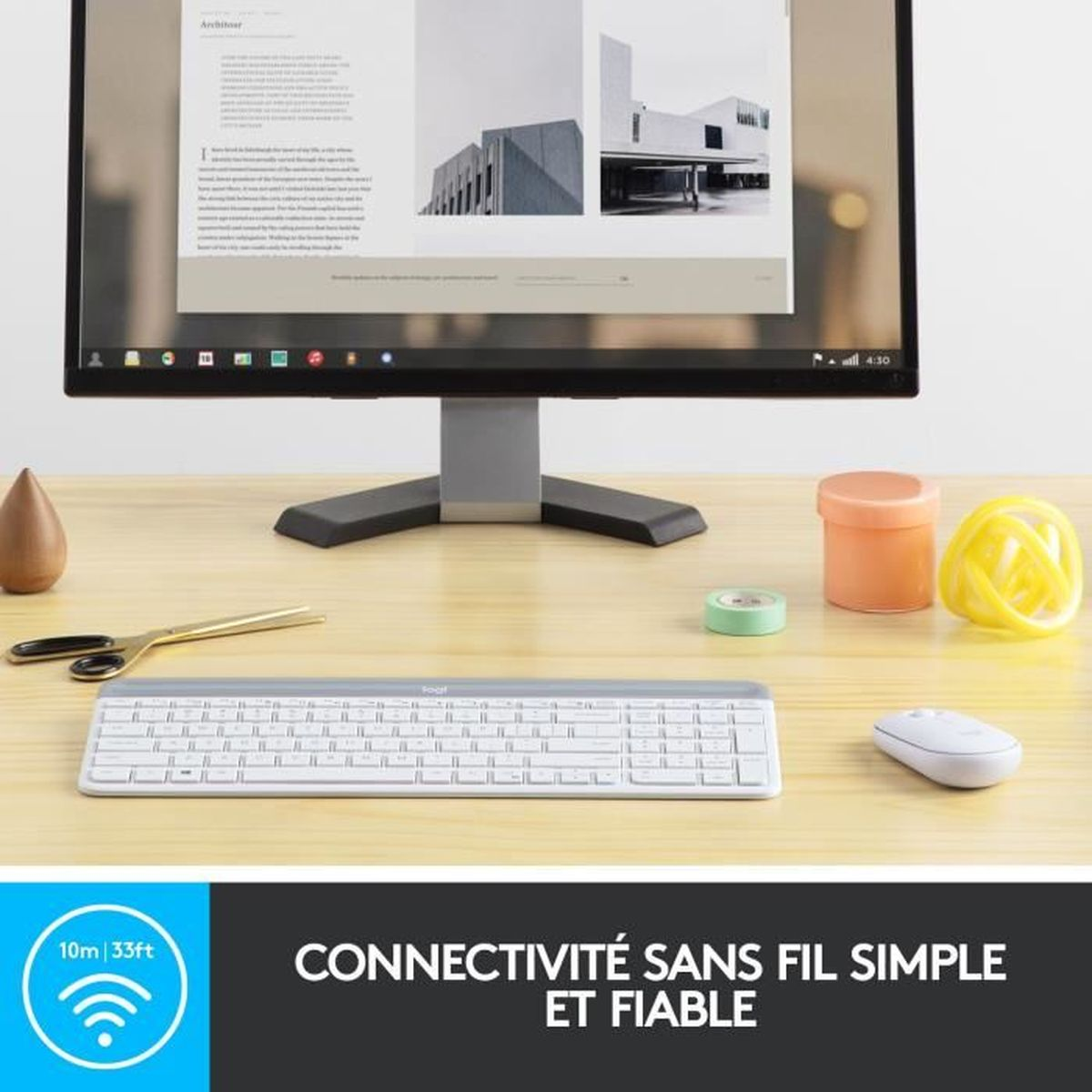 Biurko z monitorem, klawiaturą, myszą i dekoracjami. Tekst mówi 'Łączność bez problemów'.