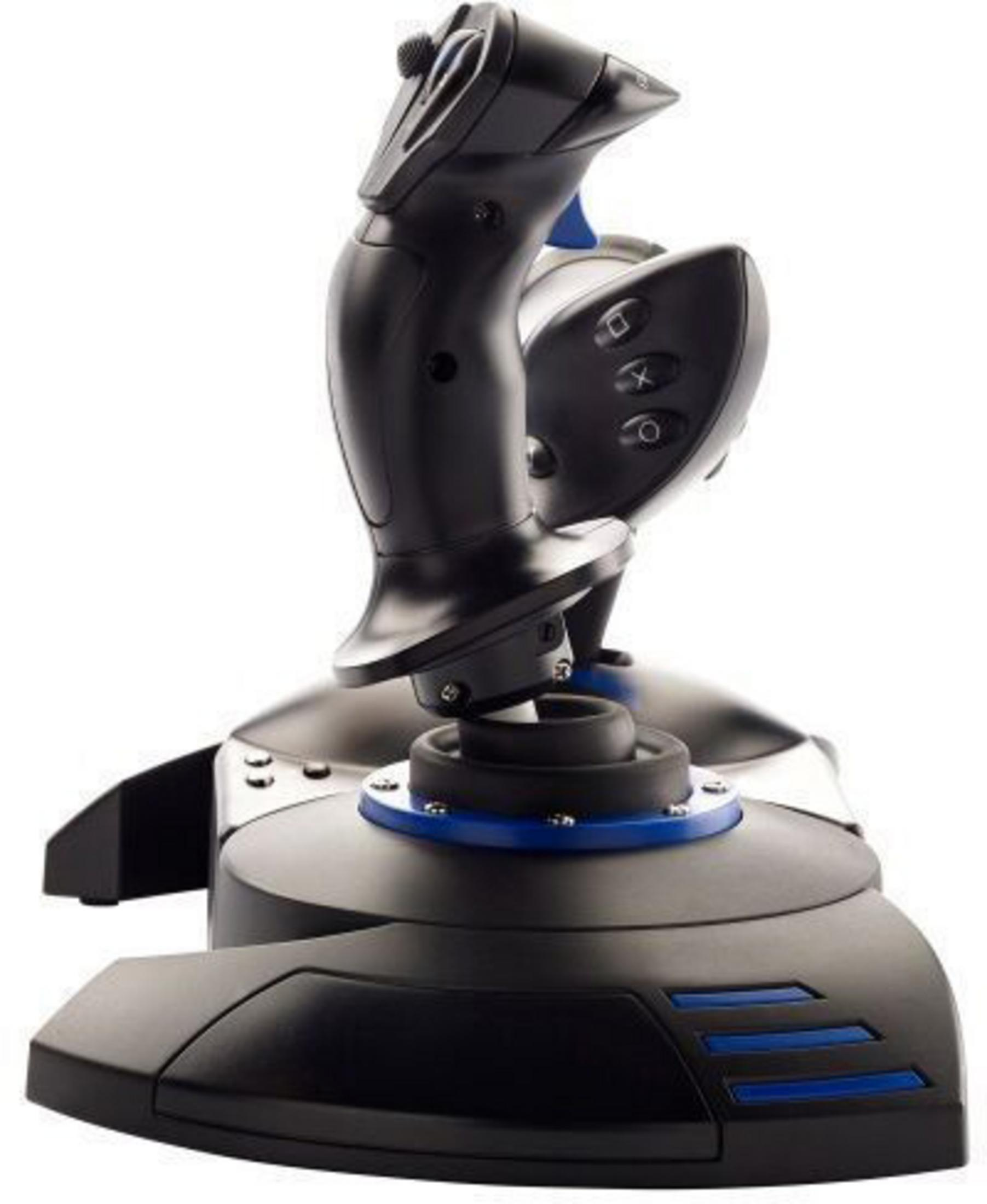 Czarny i niebieski joystick z podstawą, przyciskami i joystickiem.