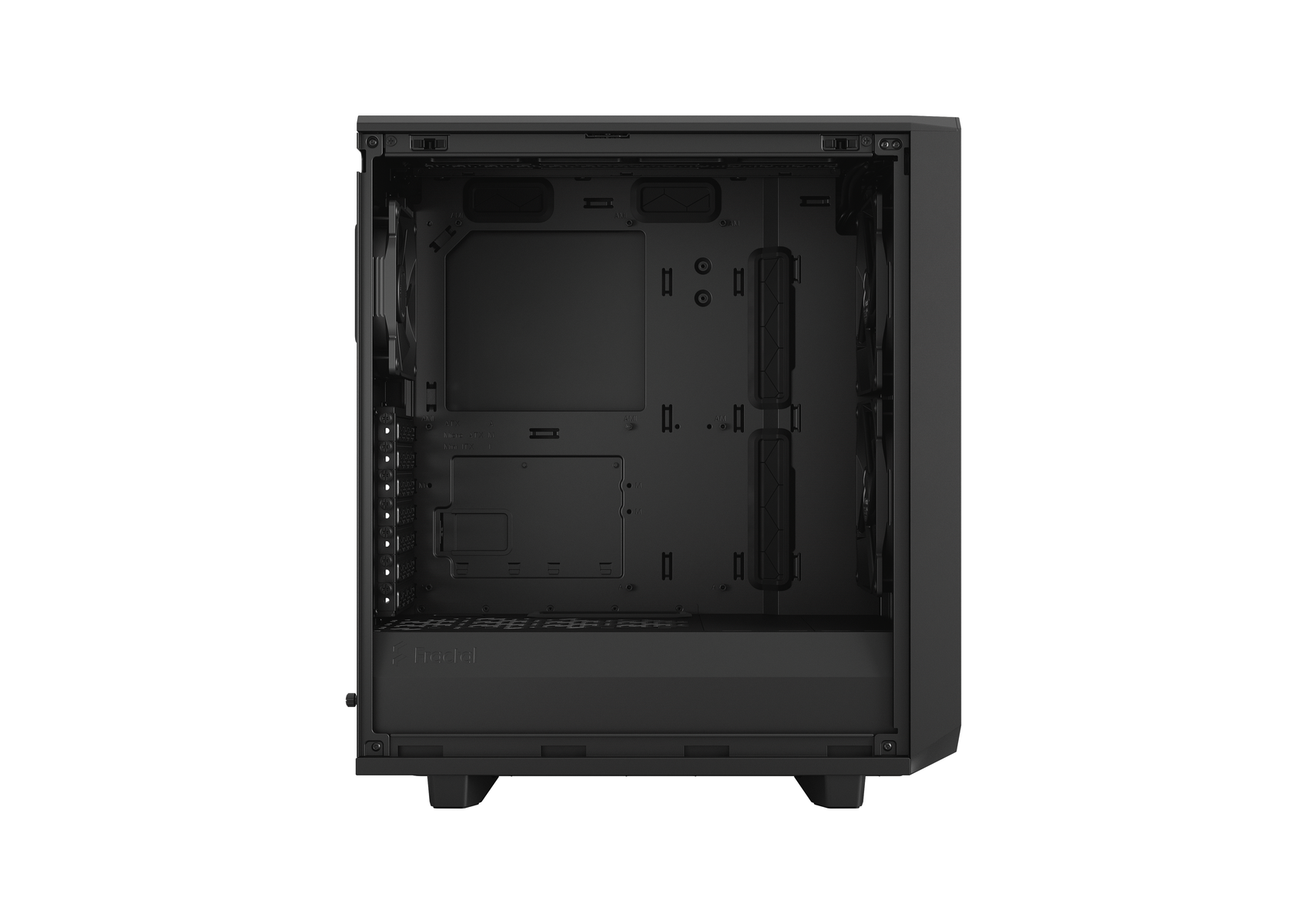 Czarna obudowa komputera z otwartym wnętrzem. Obudowa ma przezroczysty panel boczny.