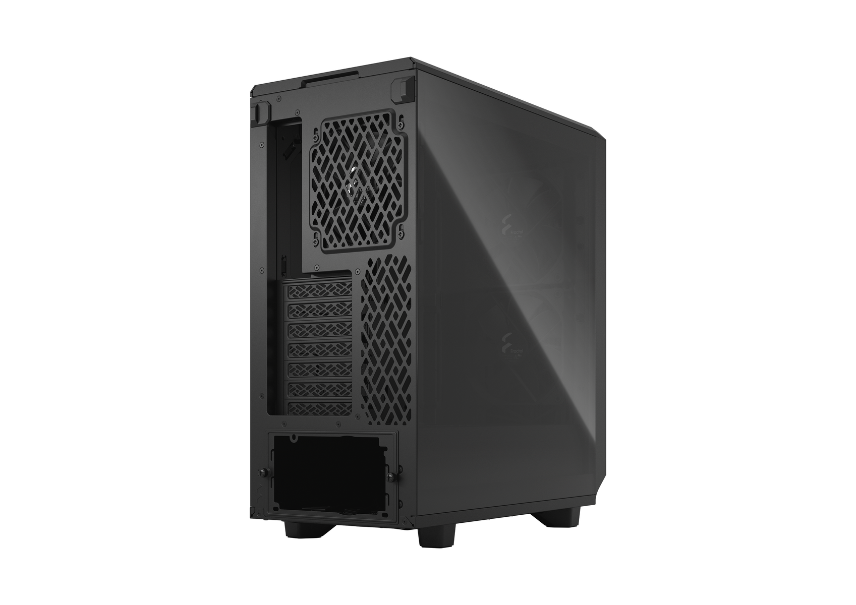 Czarna obudowa komputera ze szklanym bokiem. Posiada wentylację i nowoczesny design.