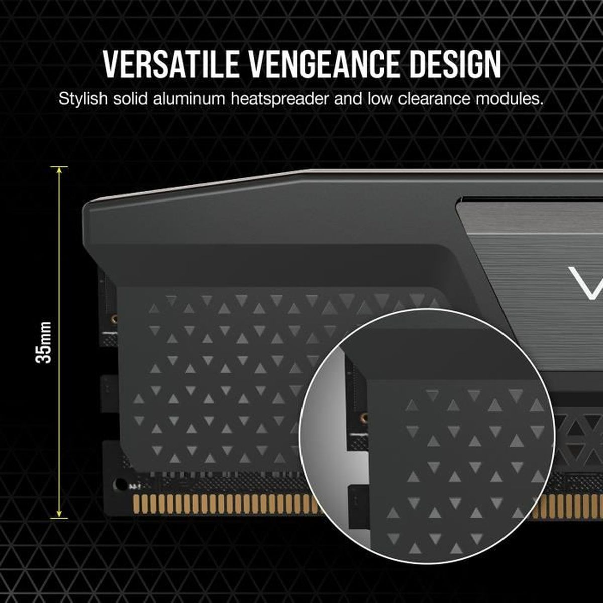 Schwarzes RAM-Speichermodul mit dem Text 'VERSATILE VENGEANCE DESIGN'. Eine Nahaufnahme wird gezeigt.