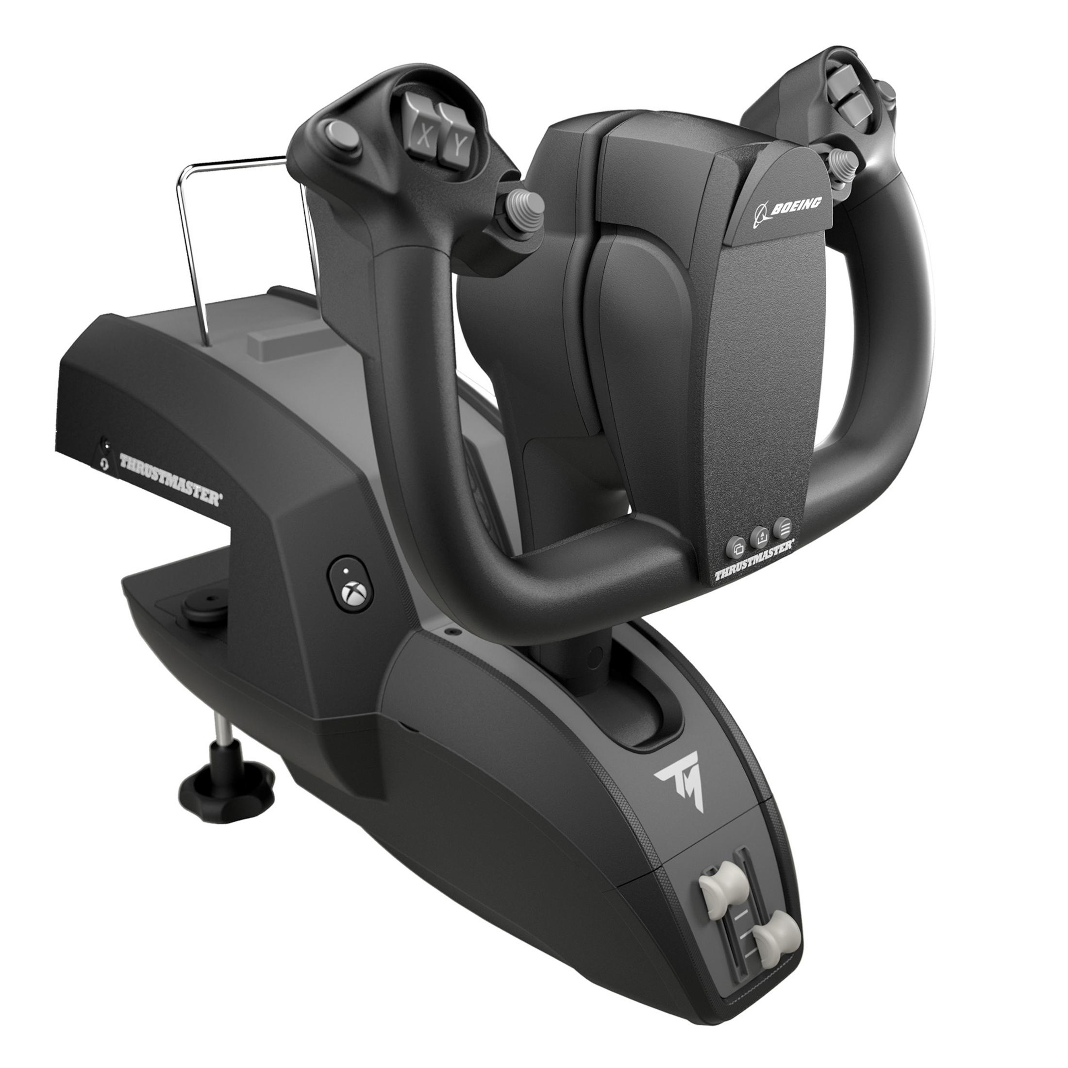 Black flight simulator control. Features joysticks, buttons, and a base.