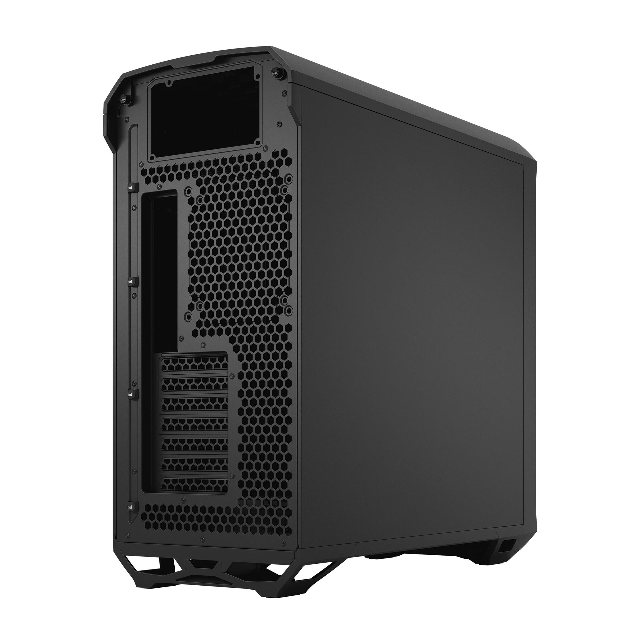A black computer case with a mesh front panel. It has a modern design and is well-lit.