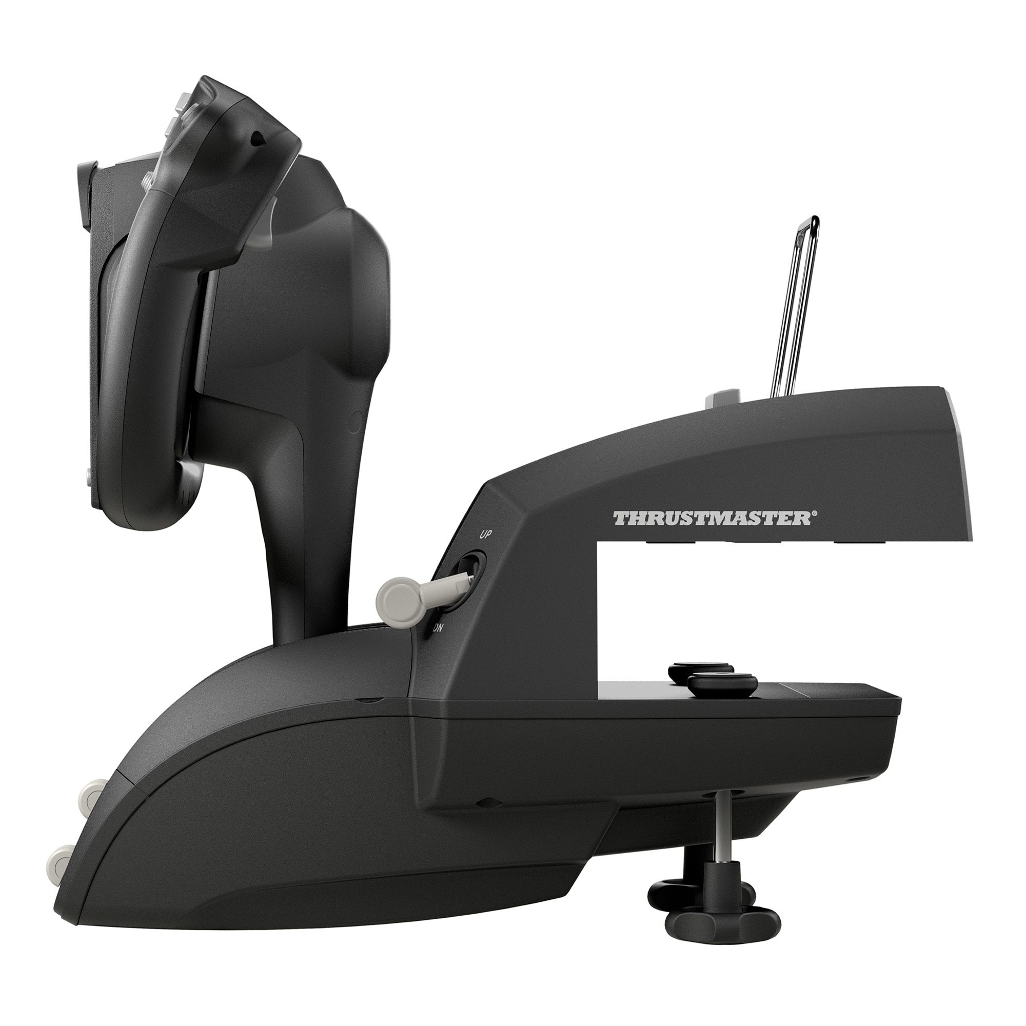 Black Thrustmaster flight simulator control. It has a joystick and several buttons.