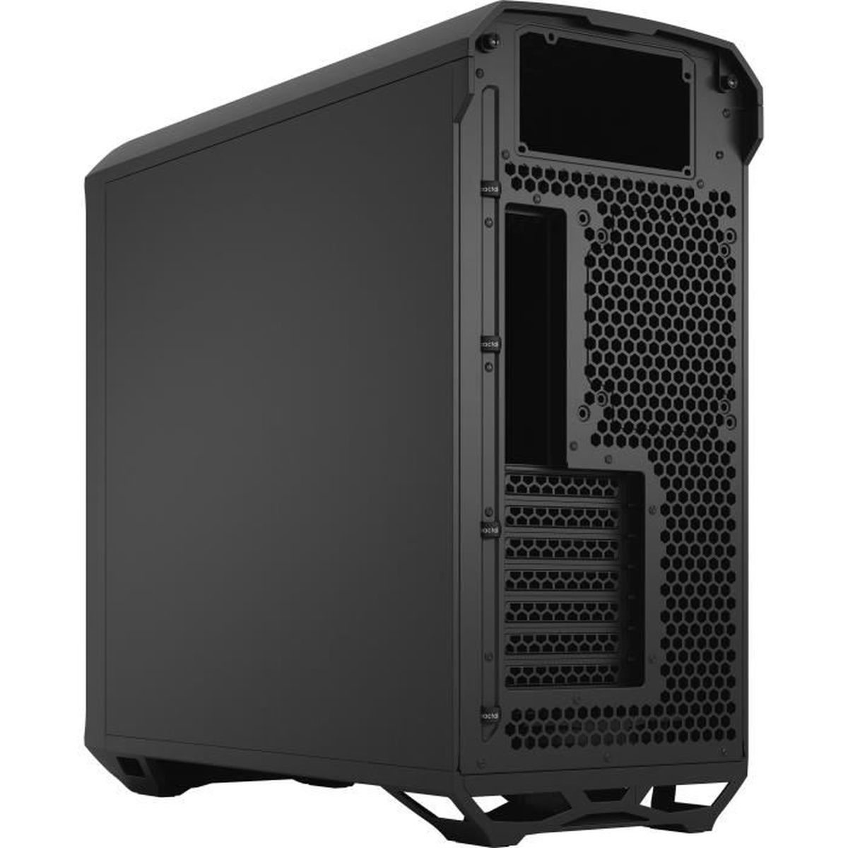 A black computer case with a mesh front panel.