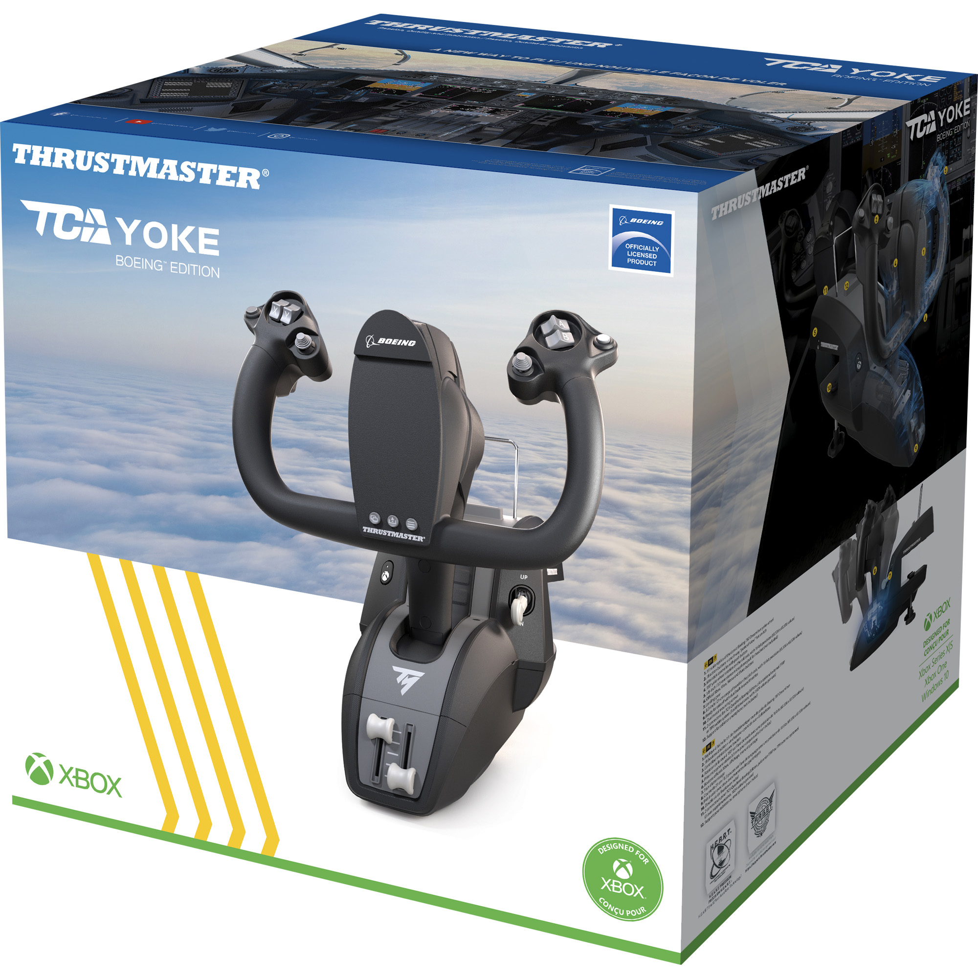 A flight simulator yoke and box, designed for Xbox, with Boeing branding.