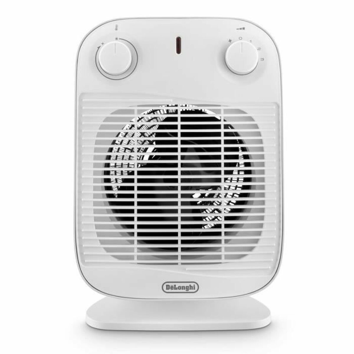 Witte elektrische kachel met een ventilator. Hij heeft twee knoppen en een rooster.