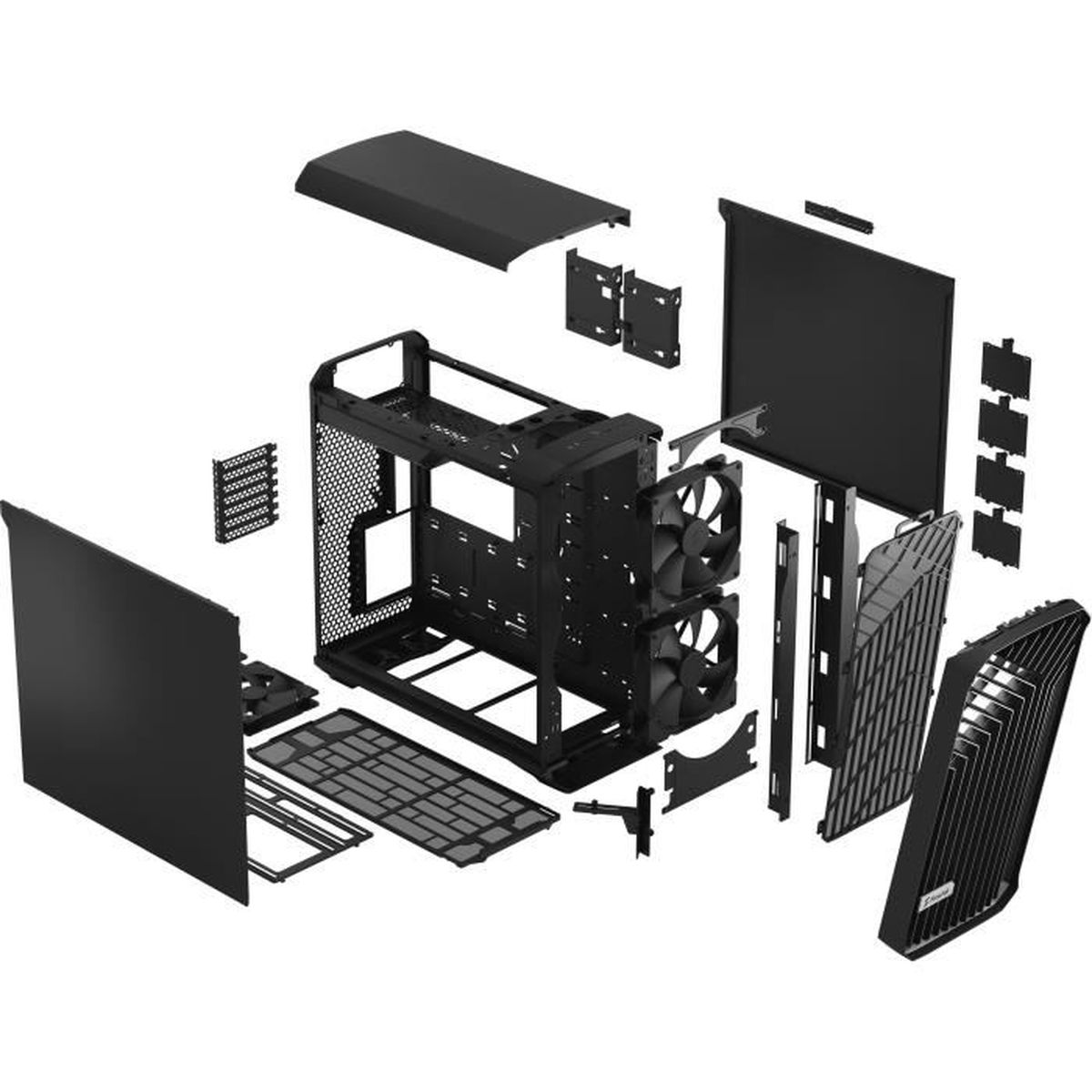 Black computer case parts exploded view, white background.