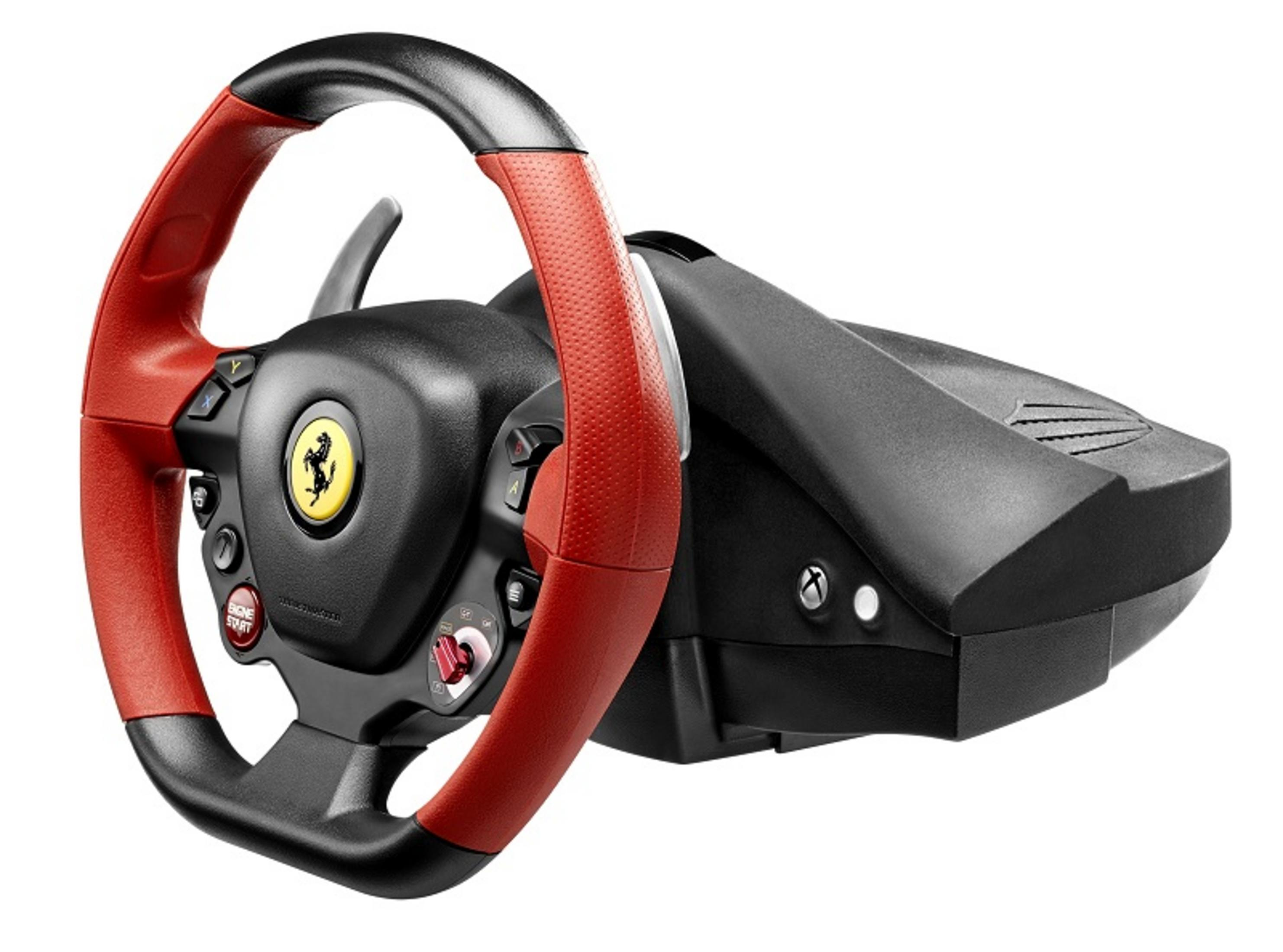 Volant de jeu Ferrari. Schéma de couleurs rouge et noir. Boutons Xbox visibles.