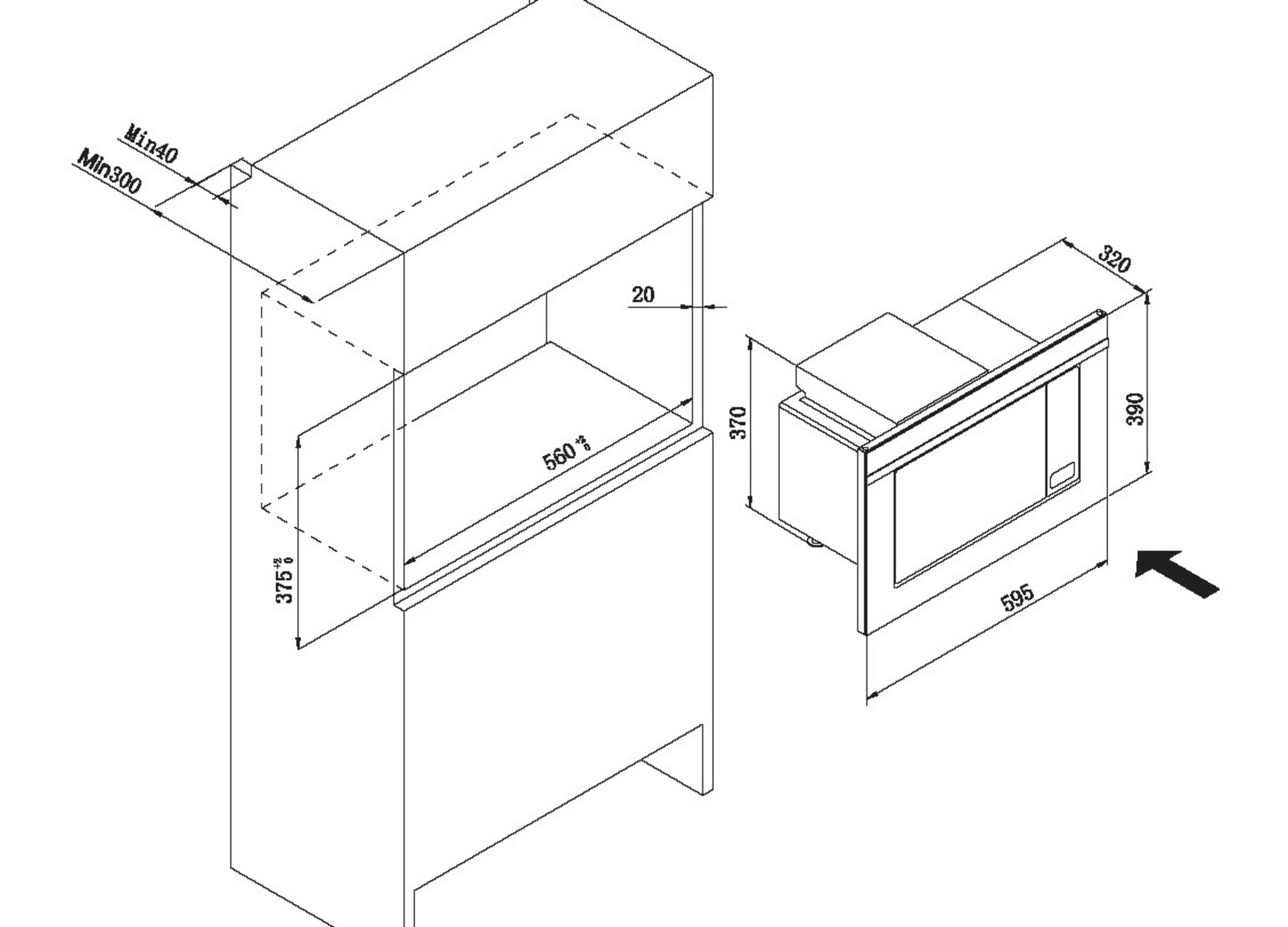 Diagramm eines Ofens mit Abmessungen und beschrifteten Komponenten im technischen Zeichenstil.