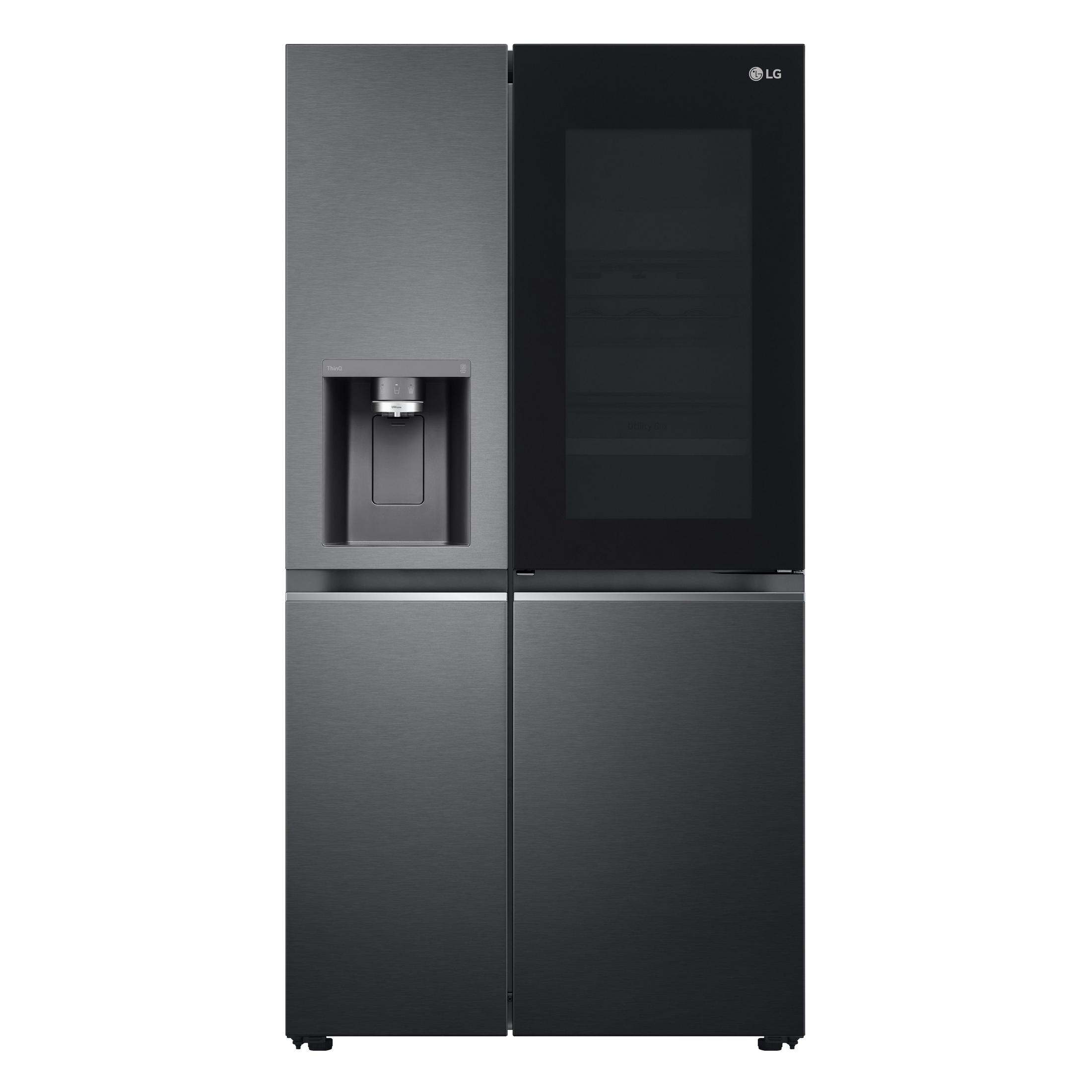 Ein schwarzer LG-Kühlschrank mit Side-by-Side-Türdesign und Glasplatte an der rechten Tür.