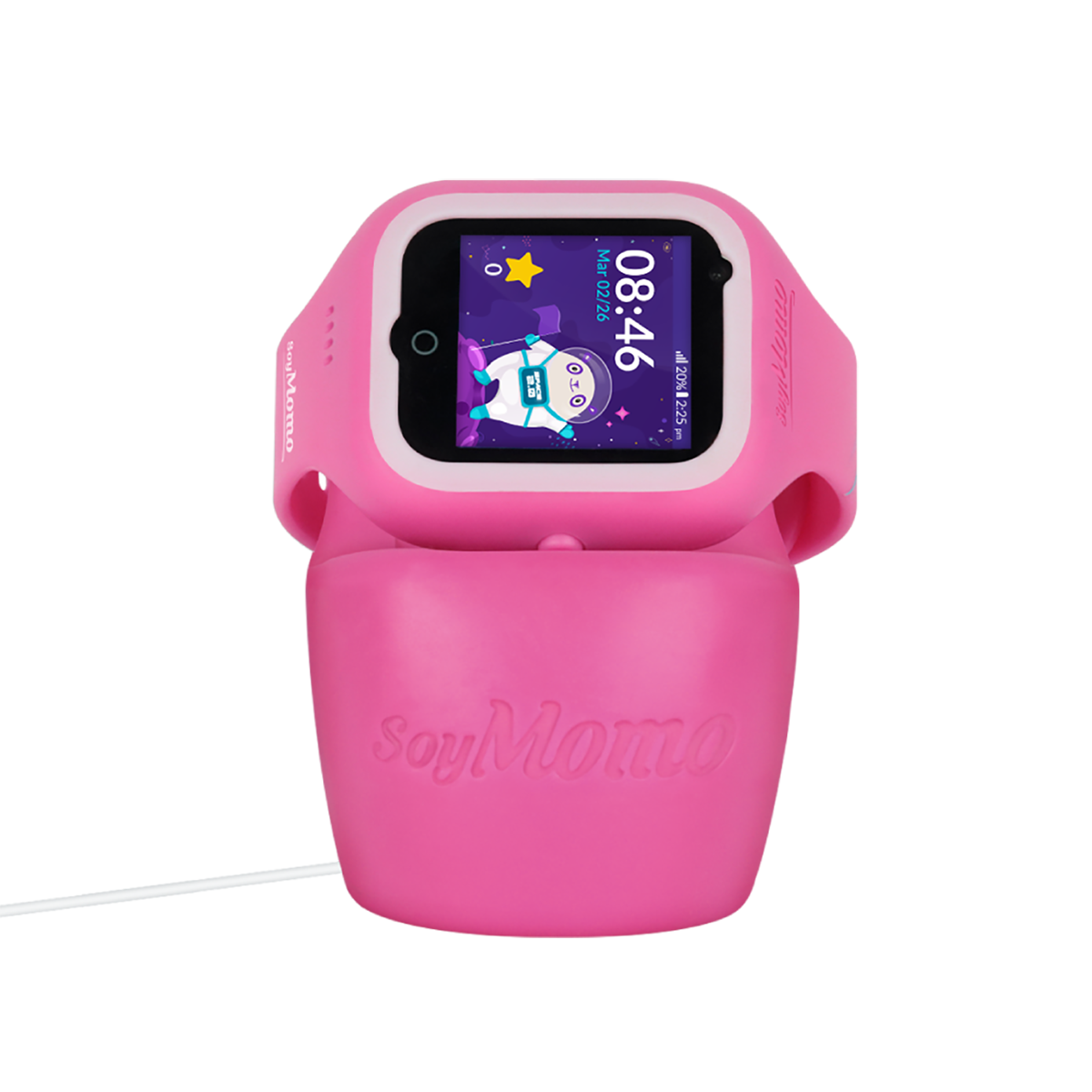 Un reloj inteligente rosa sobre un soporte rosa. La pantalla muestra un astronauta. La hora es 08:46.