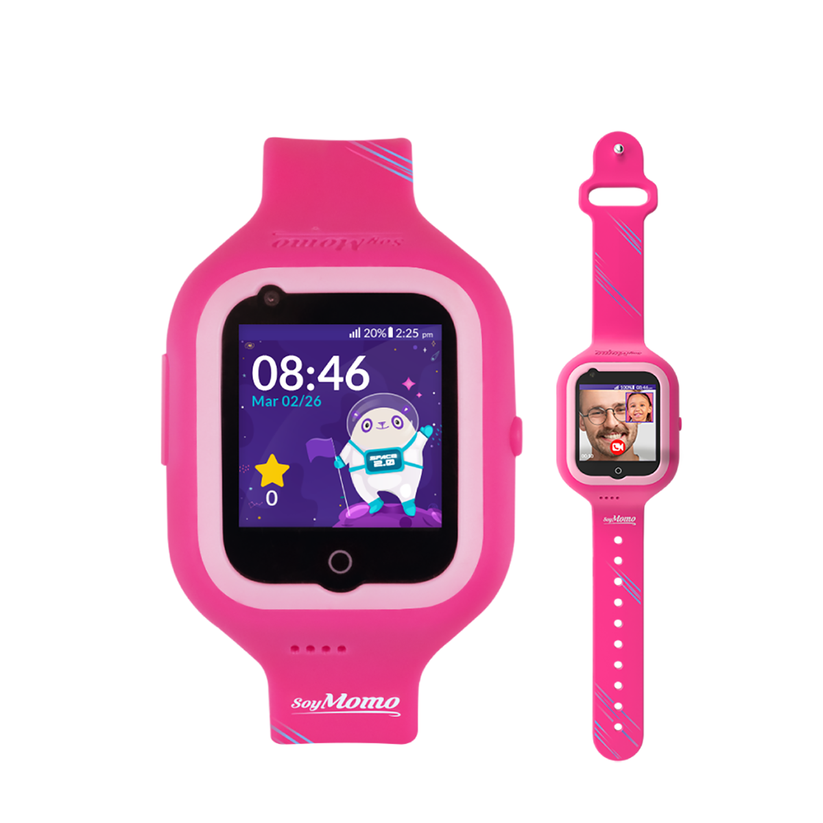 Reloj inteligente rosa con astronauta en pantalla. Otro reloj muestra videollamada. Logos y hora visibles.