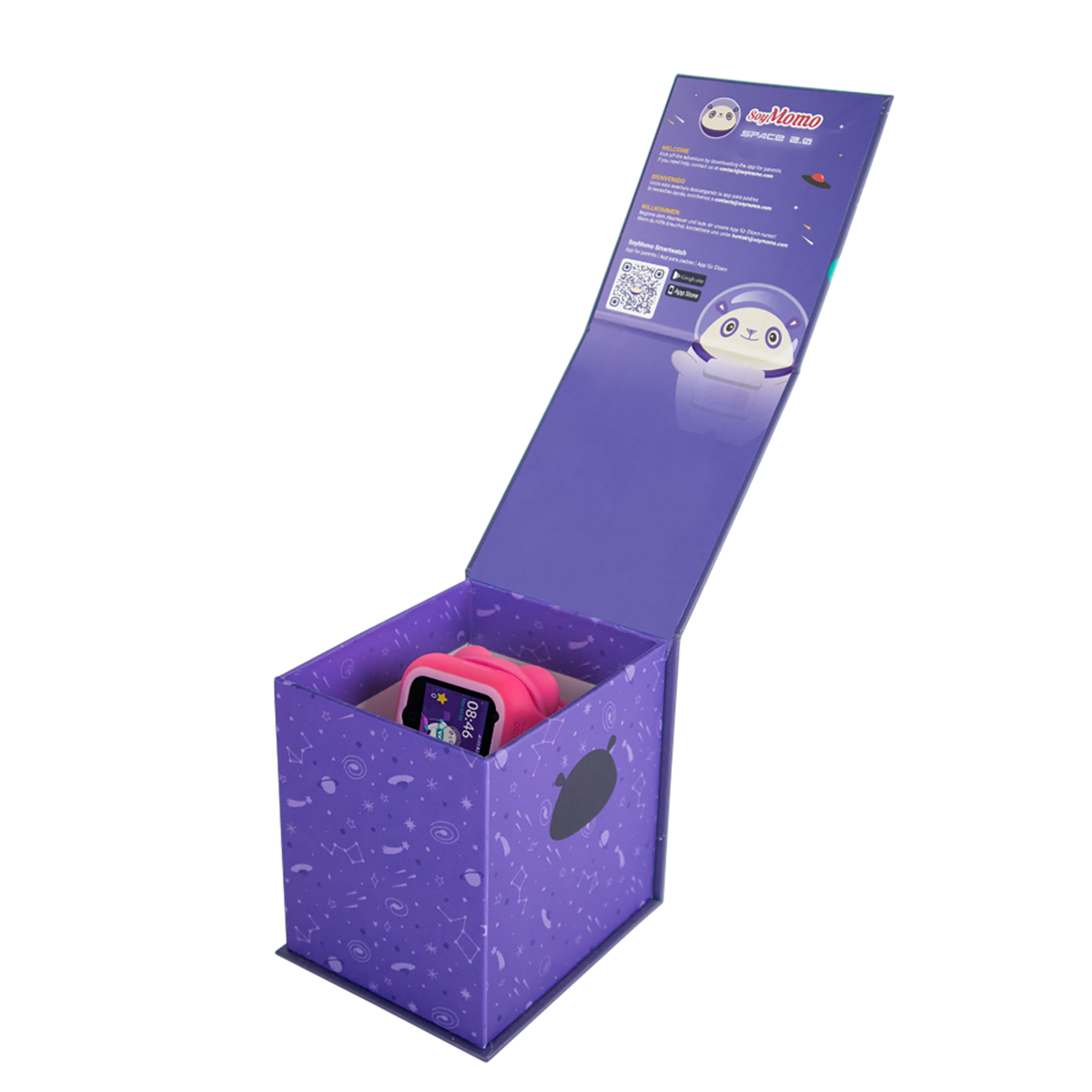 Un reloj inteligente rosa está dentro de una caja púrpura con diseño de constelaciones. La caja está abierta, revelando el reloj y una tapa con texto.