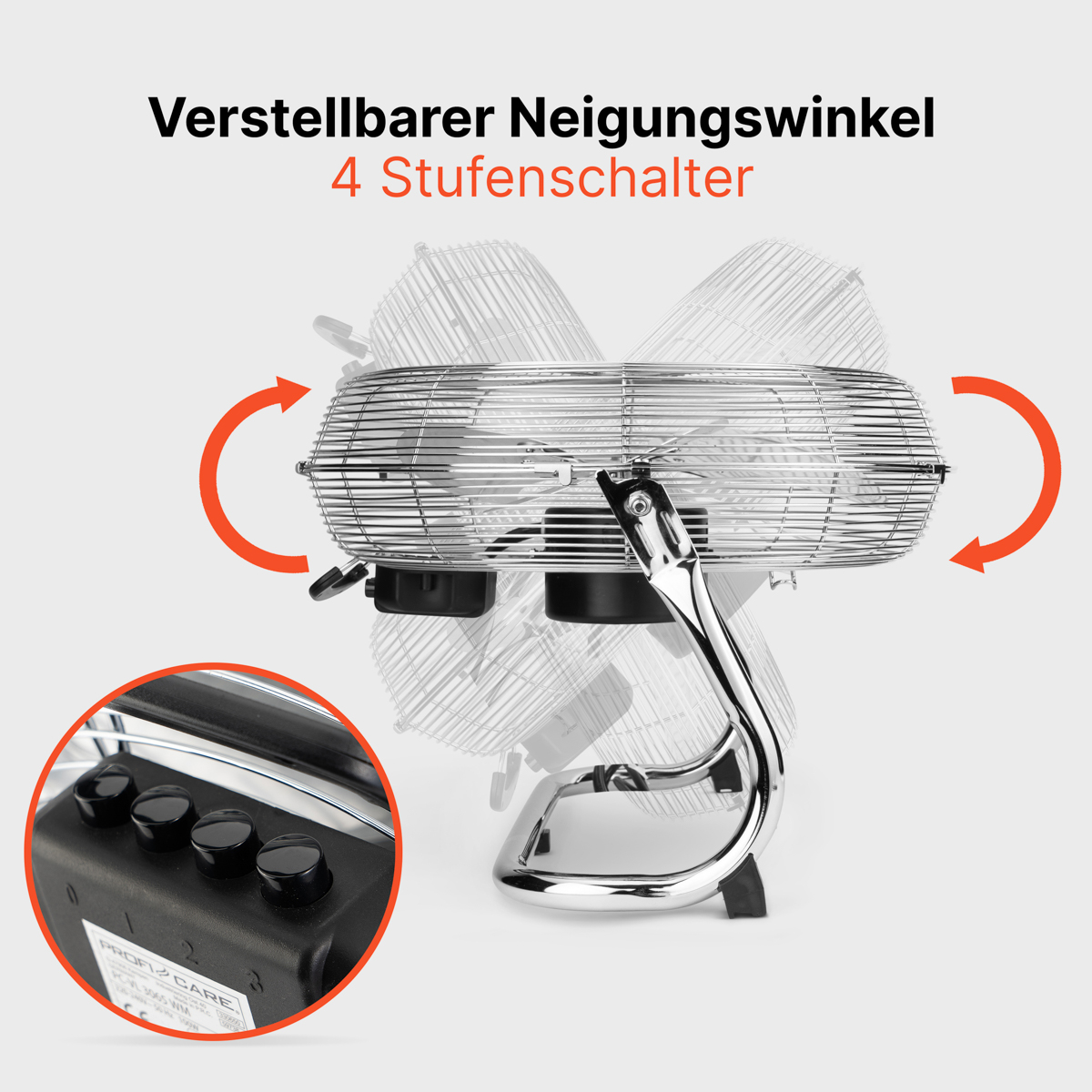 Srebrny wentylator z regulowanym kątem. Wentylator ma cztery ustawienia prędkości. Czerwone strzałki wskazują ruch.