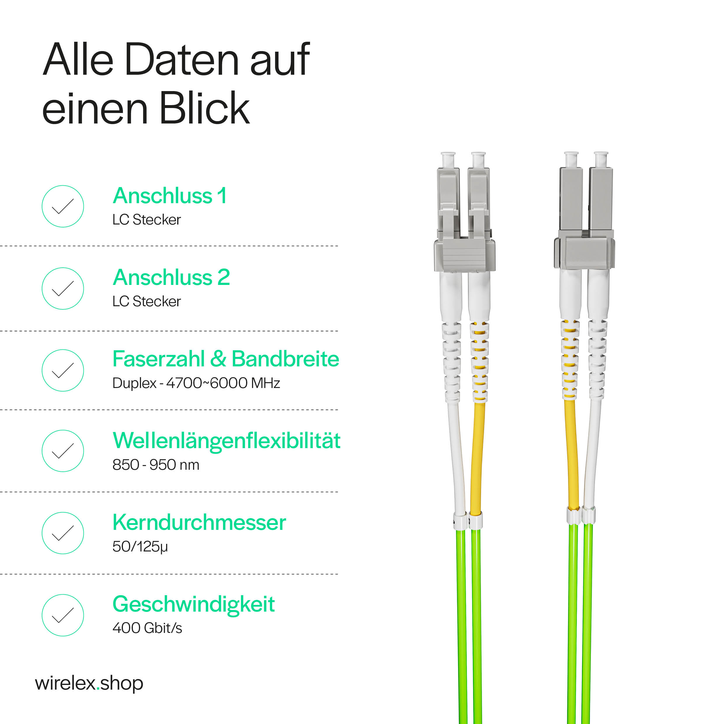 Nahaufnahme von Glasfasersteckern mit Spezifikationen auf der linken Seite.