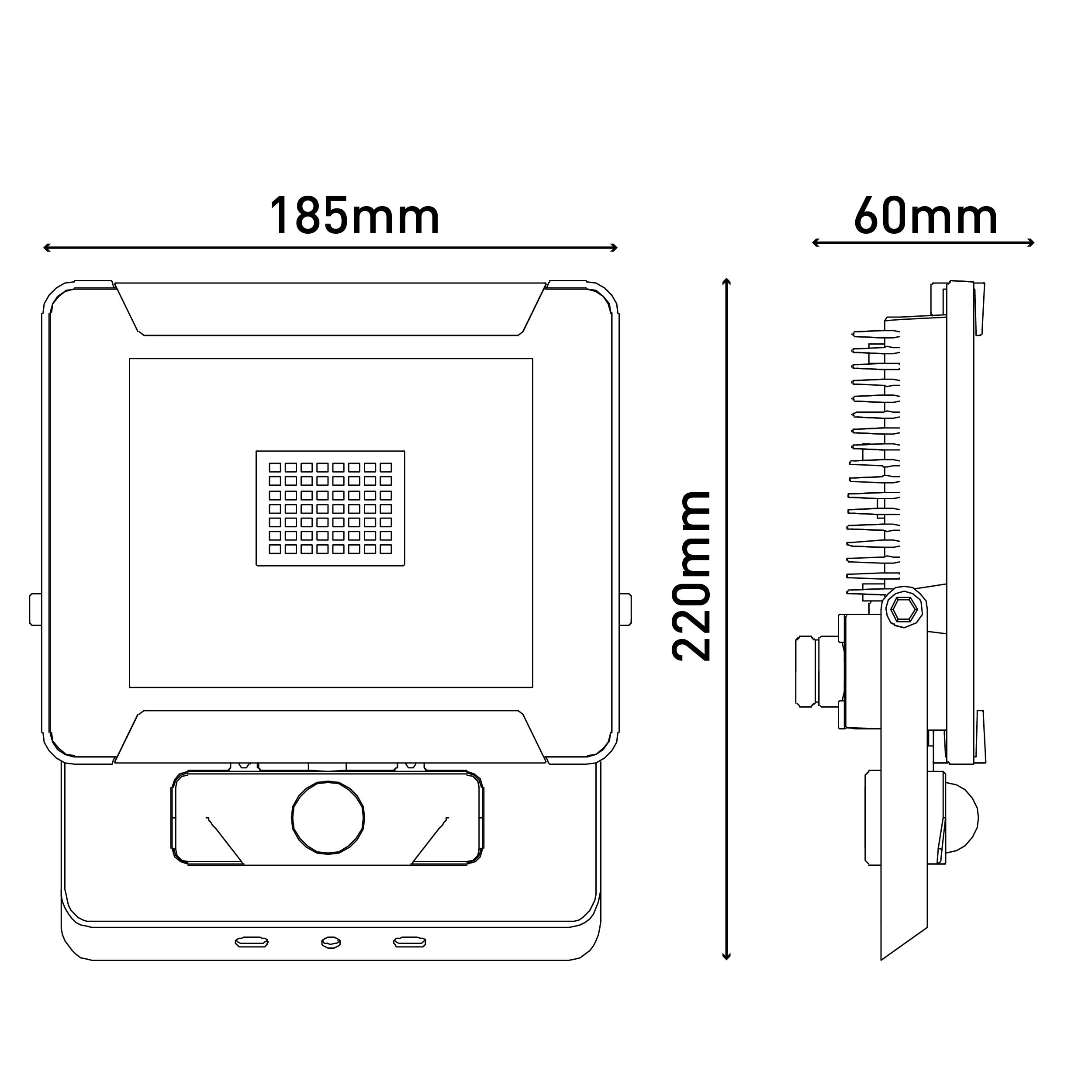 Umriss eines Flutlichts mit Abmessungen: 220 mm hoch, 185 mm breit und 60 mm tief.