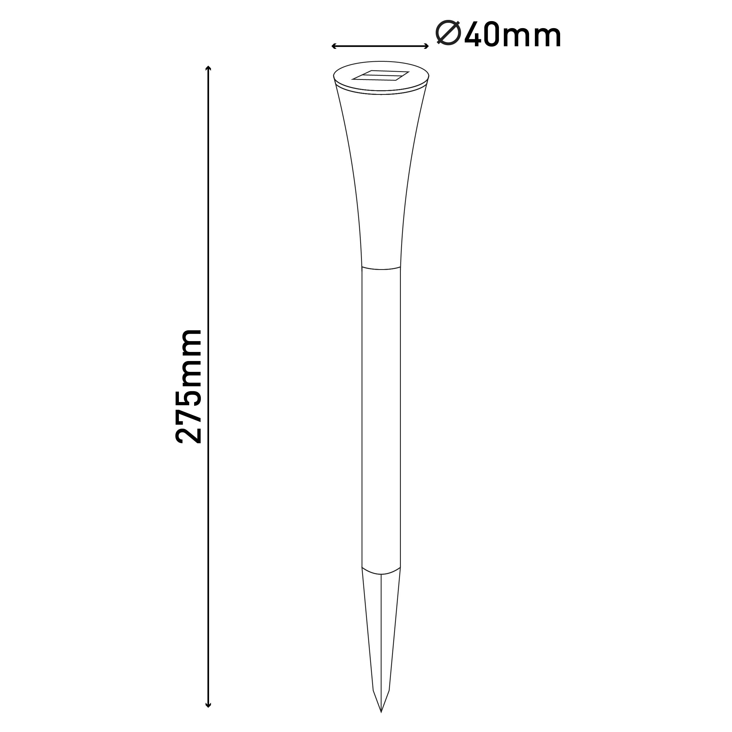 Strichzeichnung einer hohen, schlanken Außenleuchte mit spitzer Basis und 40mm Oberteil.