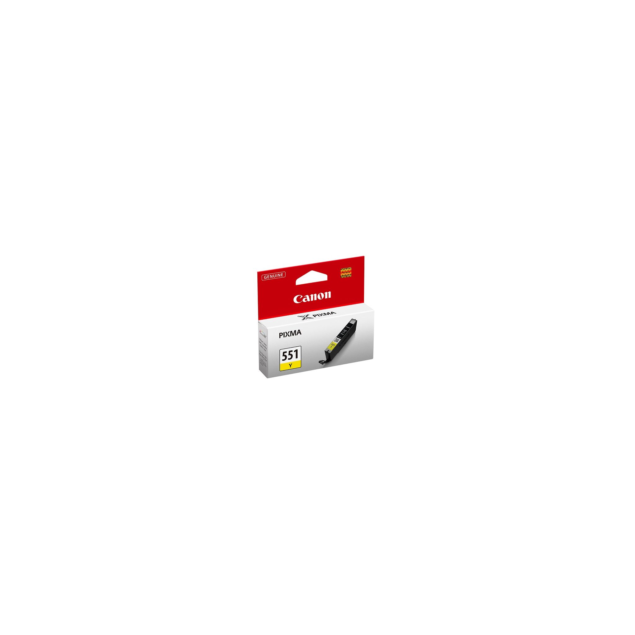 Canon printerinktcartridge. De doos is wit, rood en zwart, met een gele inktcartridge.
