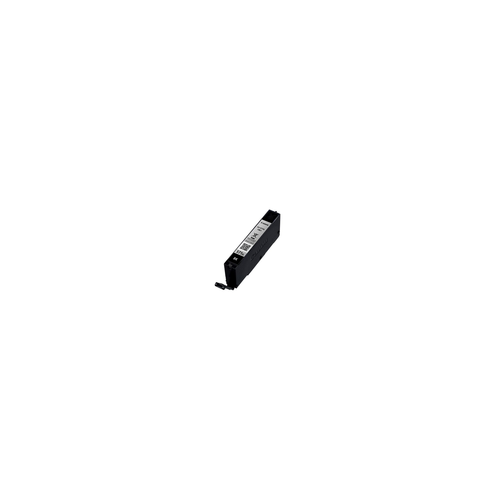 Een zwarte inktcartridge op een witte achtergrond. Hij is rechthoekig en klein.