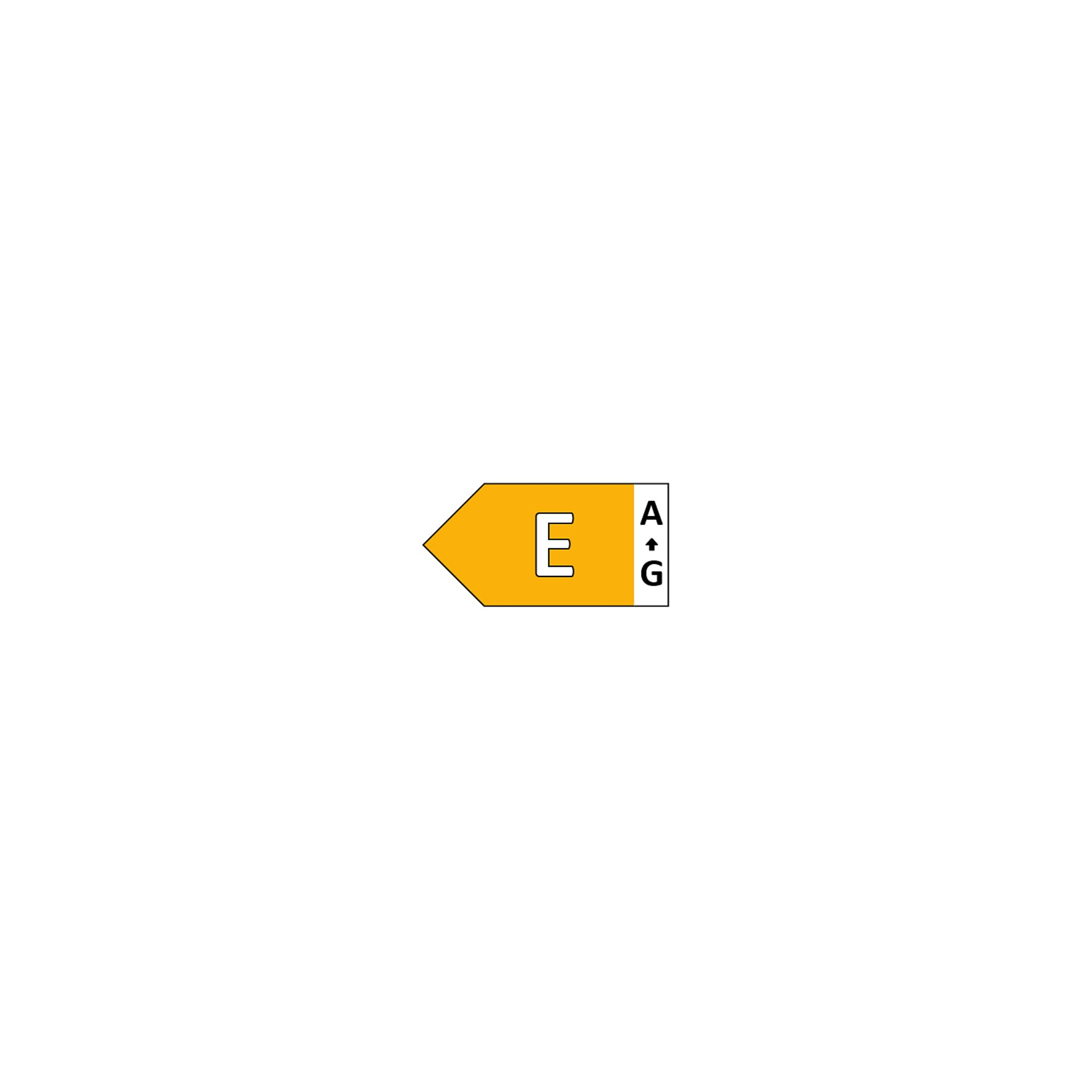 Ein Energielabel mit einer orangefarbenen E-Bewertung. Oben steht 'A' und unten 'G'.