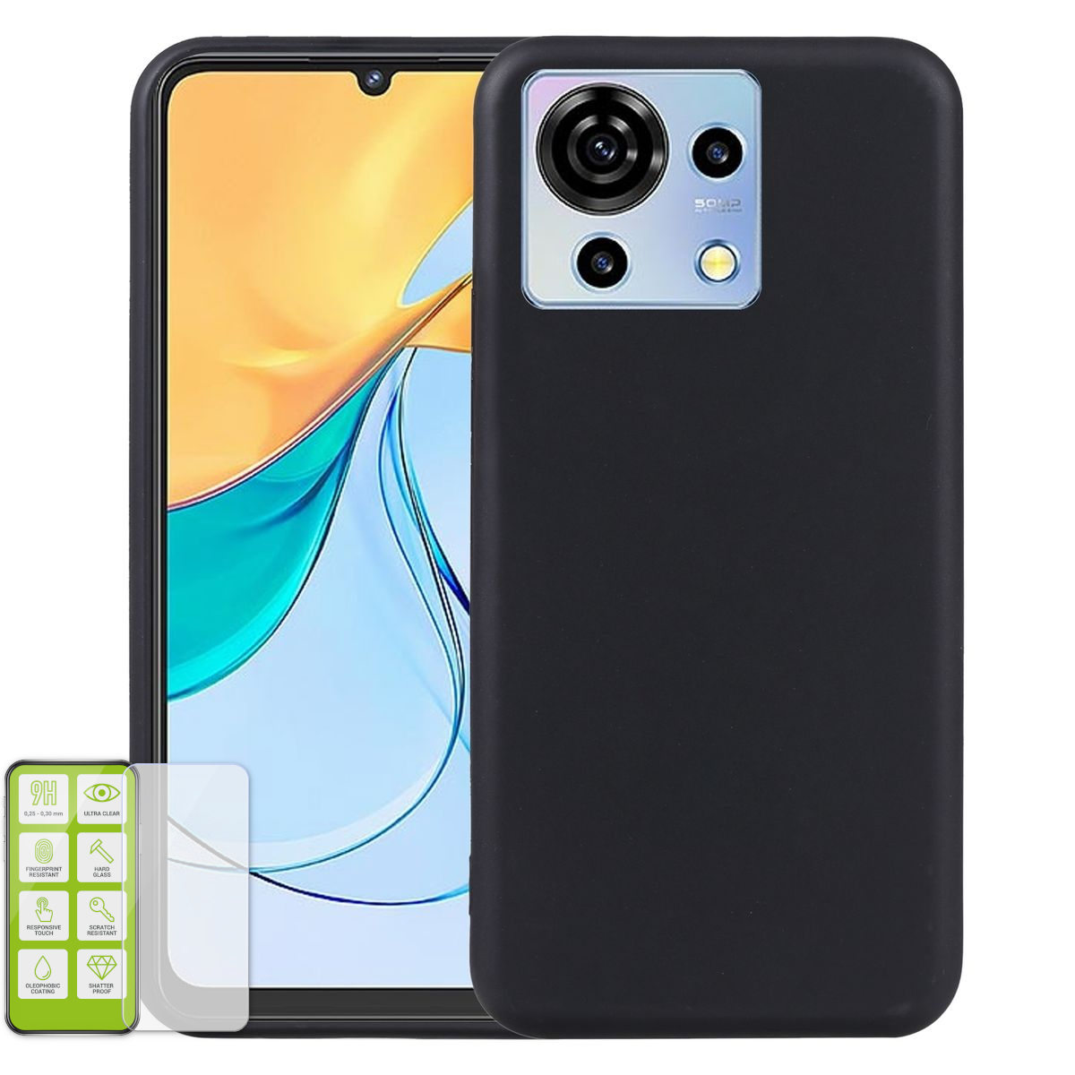 Ein schwarzes Telefon mit Hülle wird angezeigt, mit Displayschutz und detaillierten Funktionen.