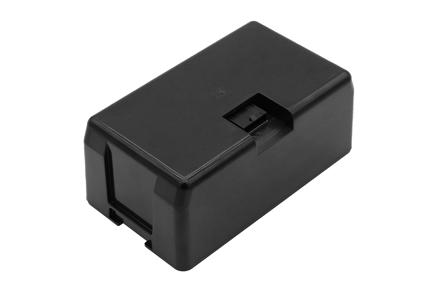 Schwarze rechteckige Plastikbox. Oberseite mit einer vertieften Fläche.