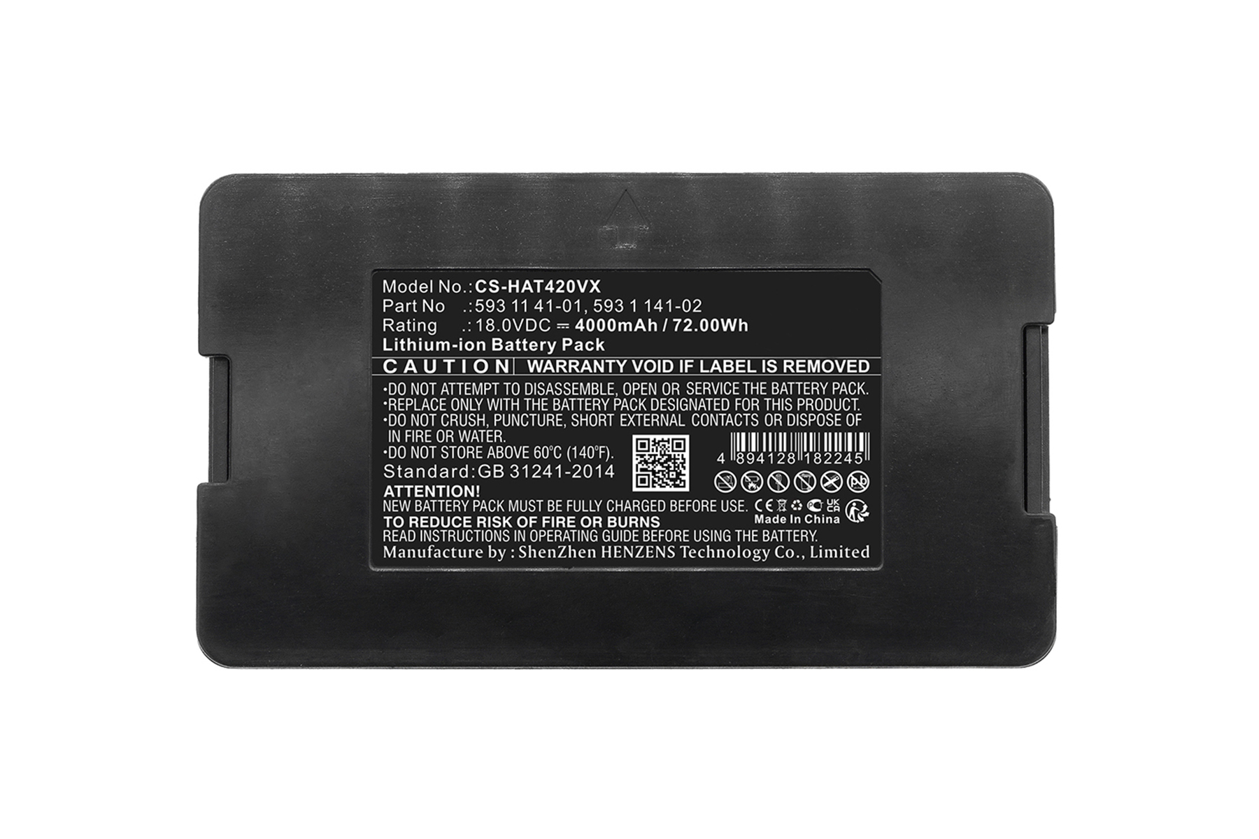 Ein schwarzes, rechteckiges Lithium-Ionen-Akkupack mit gedrucktem Text und Etiketten.