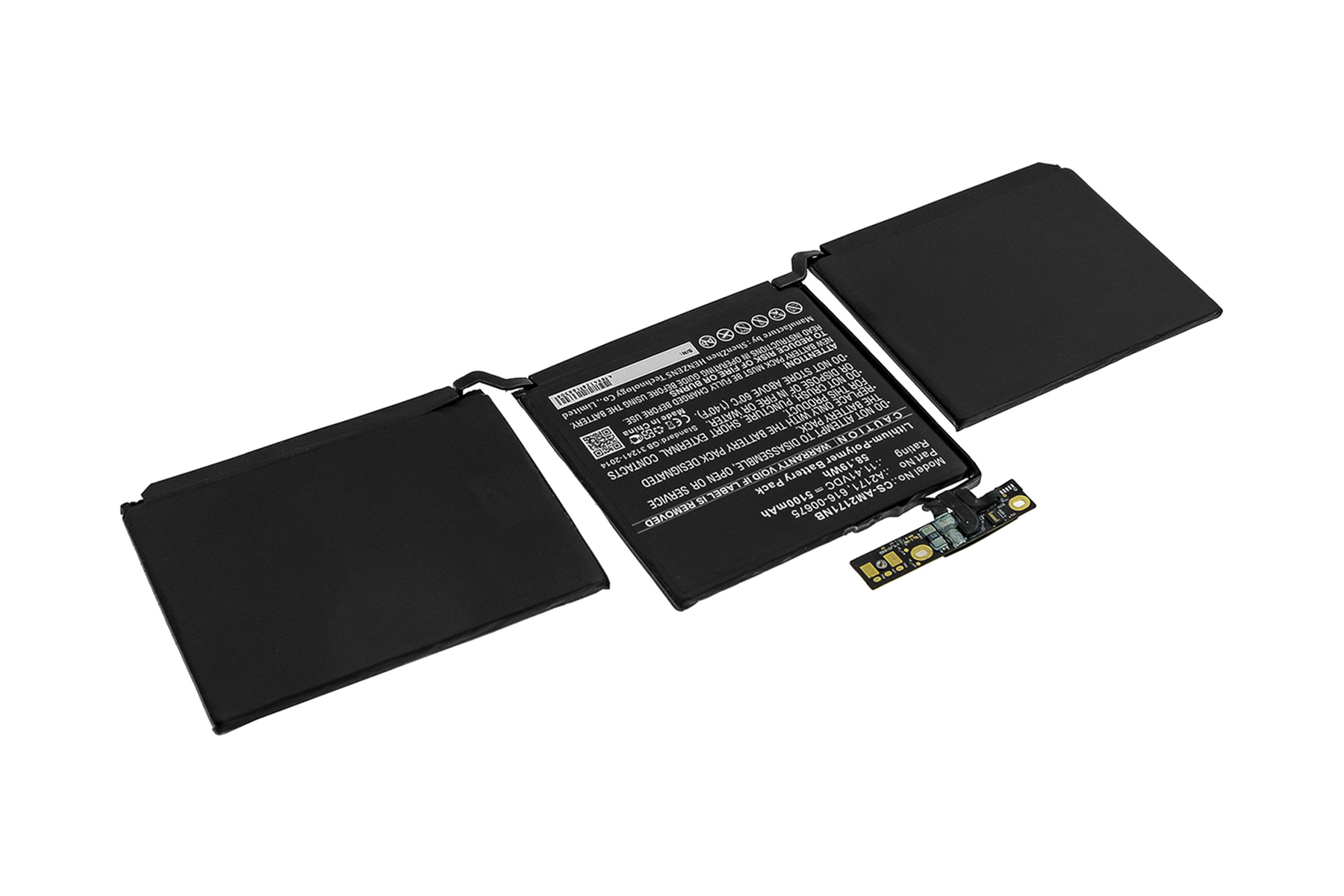 Schwarzer Laptop-Akku mit drei Abschnitten und verschiedenen Etiketten.