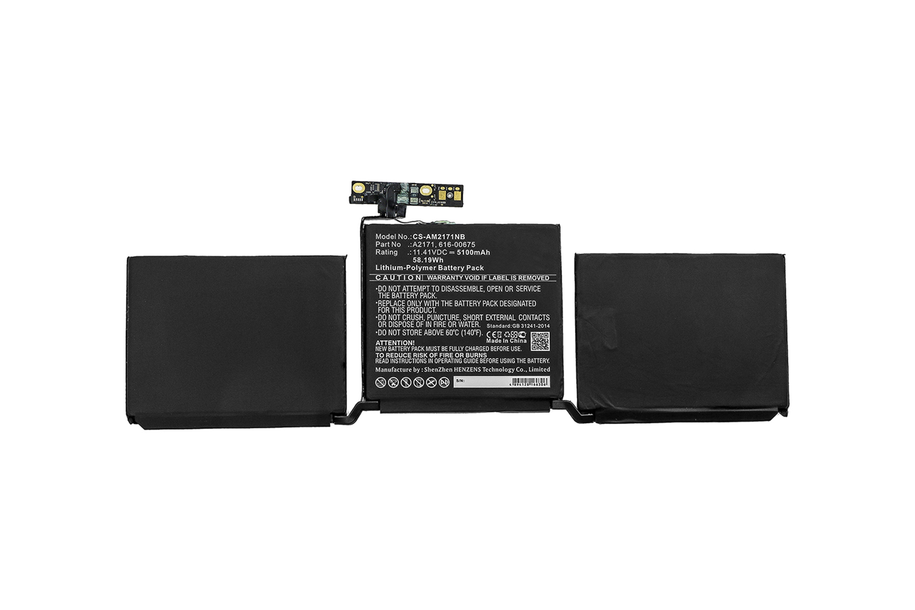 Laptop-Akkupack mit zwei schwarzen Zellen und einer Platine mit Aufkleber.