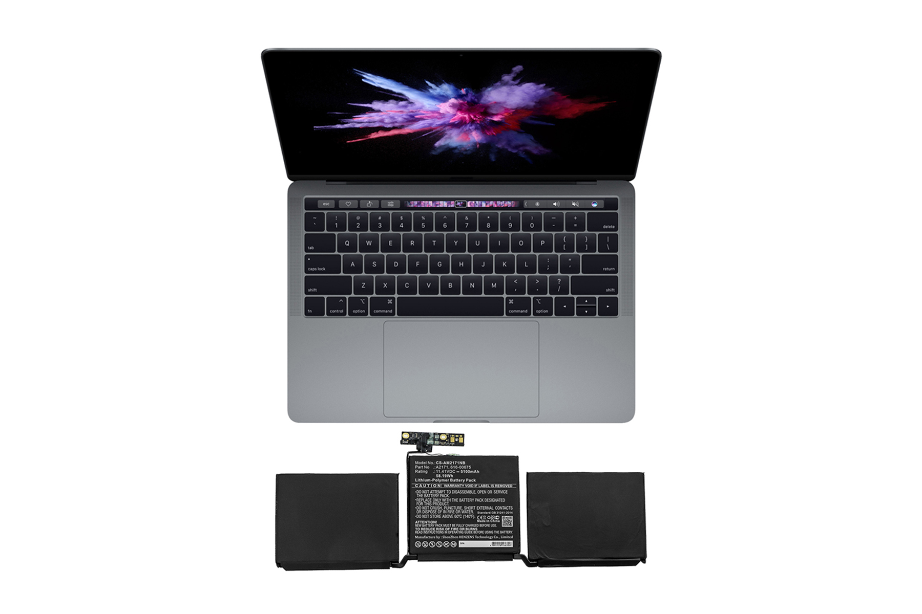 Laptop mit geöffnetem Bildschirm, Tastatur sichtbar und Akku darunter.