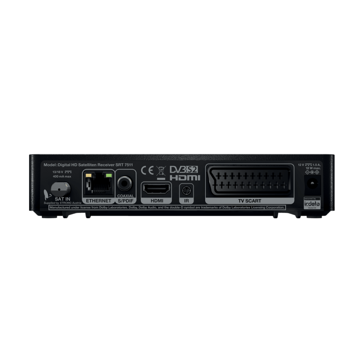 Die Rückseite eines digitalen HD-Satelliten-Receivers mit Anschlüssen und Text. Der Hintergrund ist schwarz.