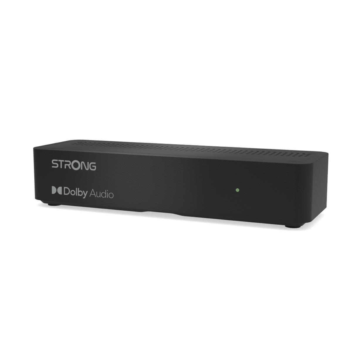 Schwarze Strong Media Box mit Dolby Audio Logo, auf weißem Hintergrund.
