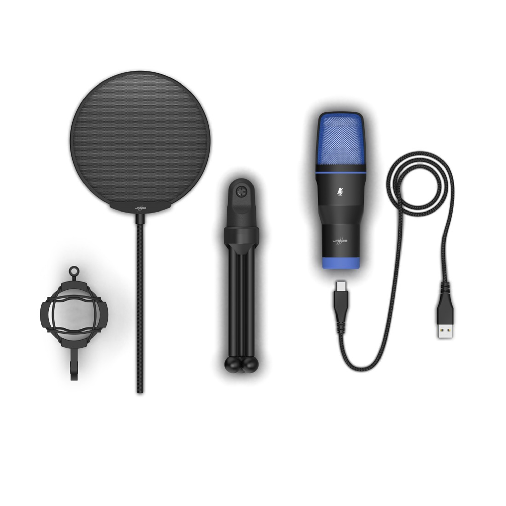 Ein Mikrofon-Setup mit Pop-Filter, Halterung und Ständer.
