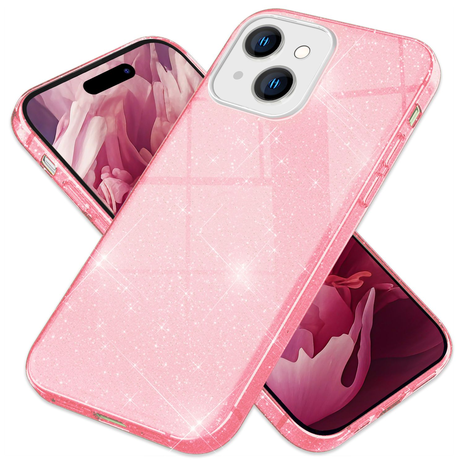 Eine rosa Glitzer-Handyhülle mit einem Telefon. Das Telefon ist rosa mit einem Bildschirm.
