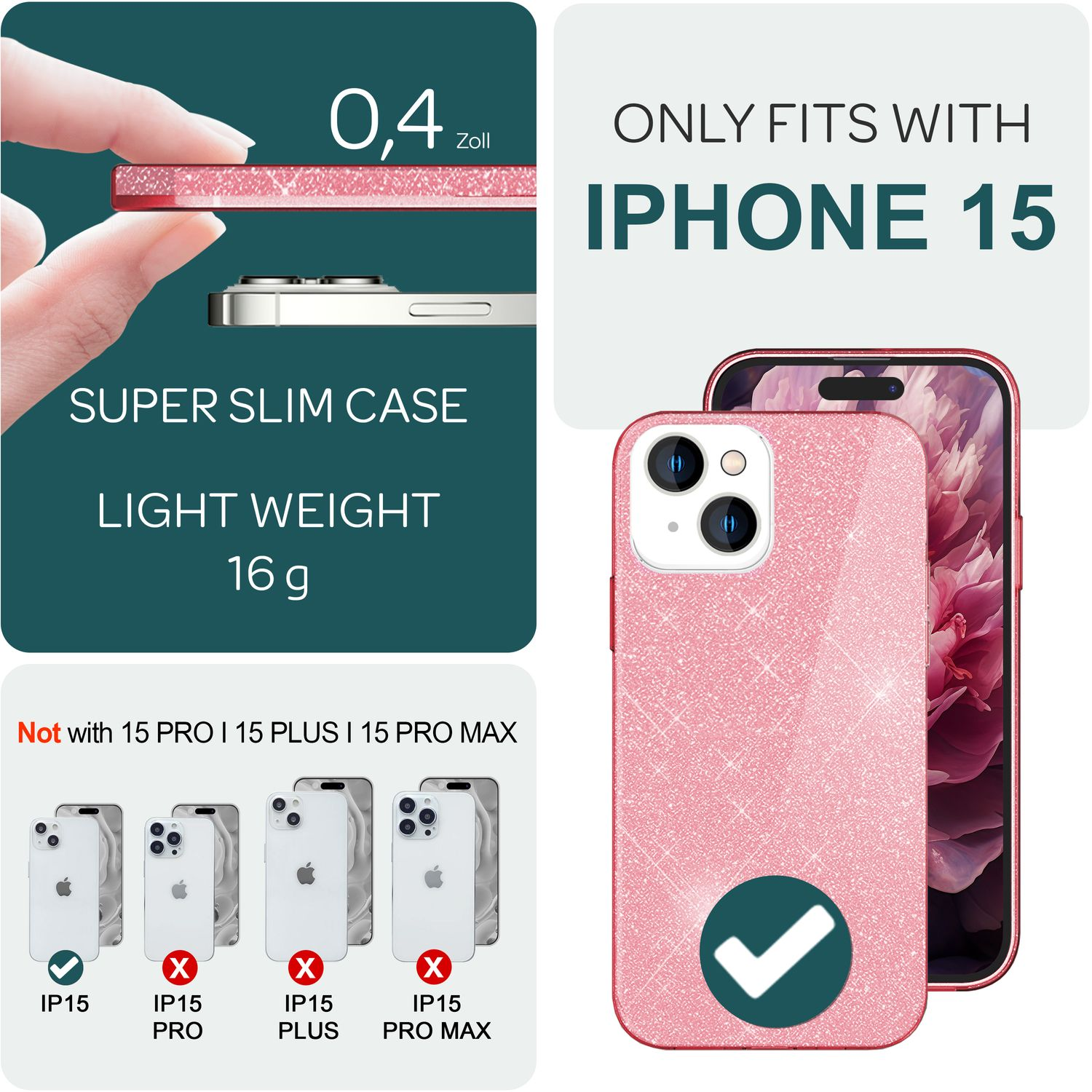 Rosa Glitzer-iPhone 15 Hülle. Zeigt Hülle neben Telefon. Text weist darauf hin, dass es nur für iPhone 15 passt.